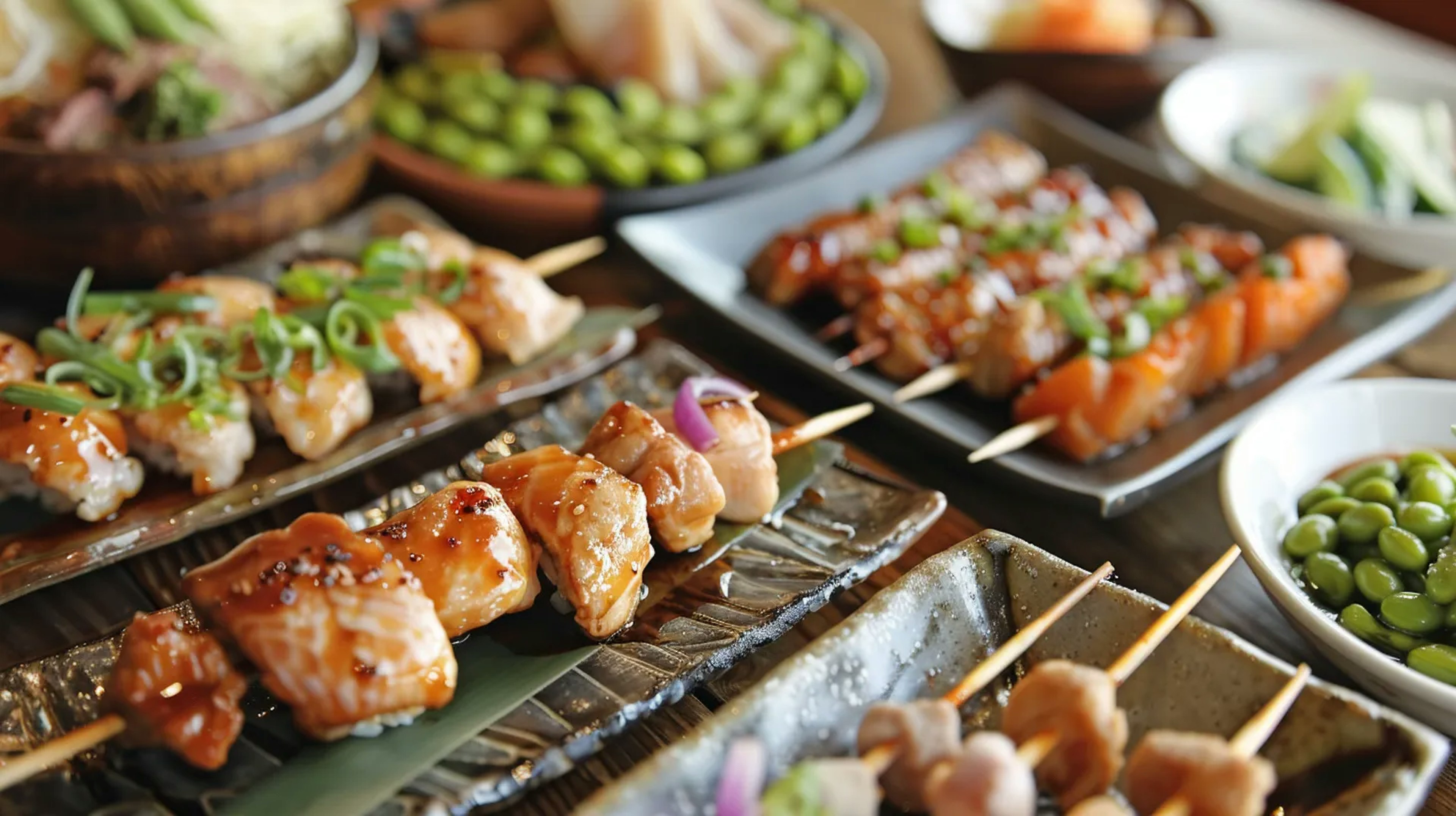 assorted izakaya dishes on a wooden table, showcasing the variety and communal eating style of Japanese casual dining