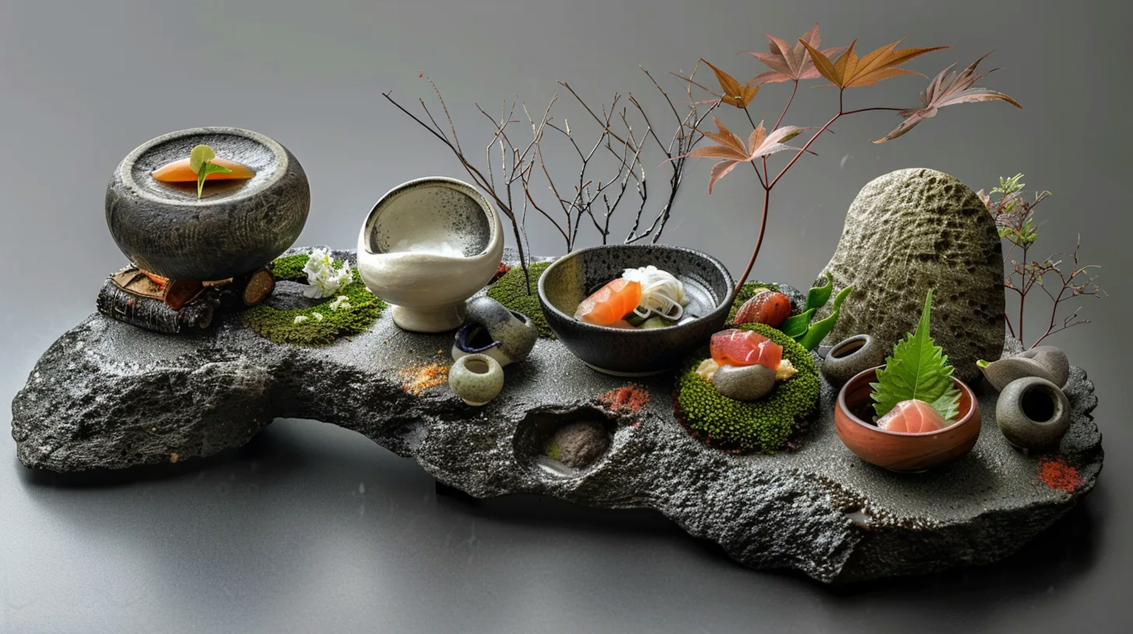 Seasonal kaiseki dishes artistically presented on traditional Japanese ceramics