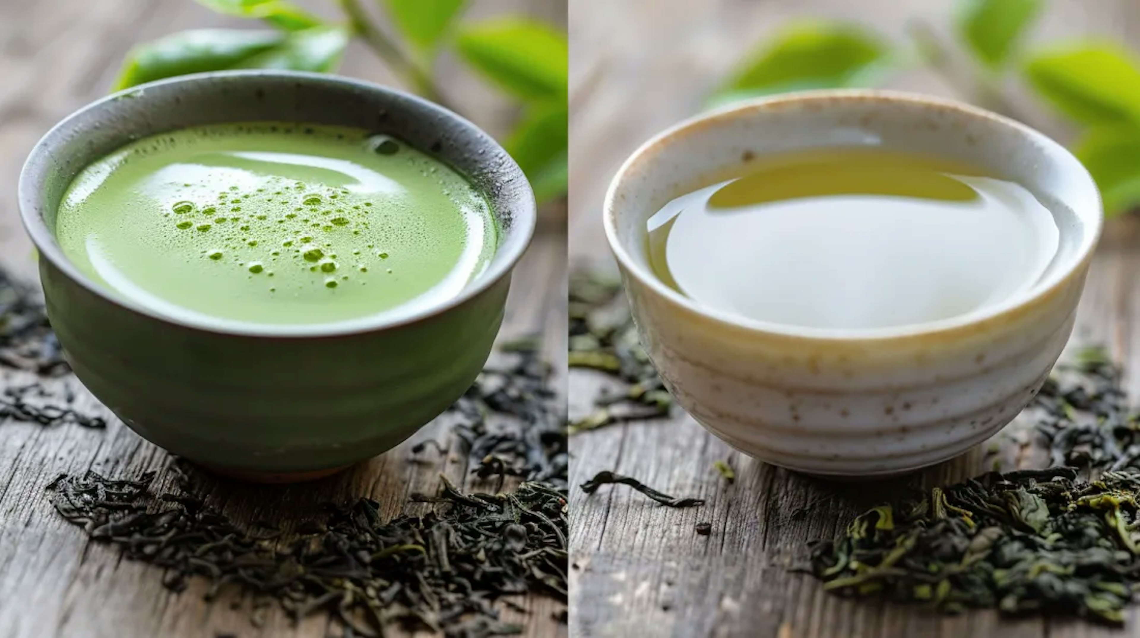 Two cups of Japanese green tea, one matcha and one sencha, on a traditional Japanese mat