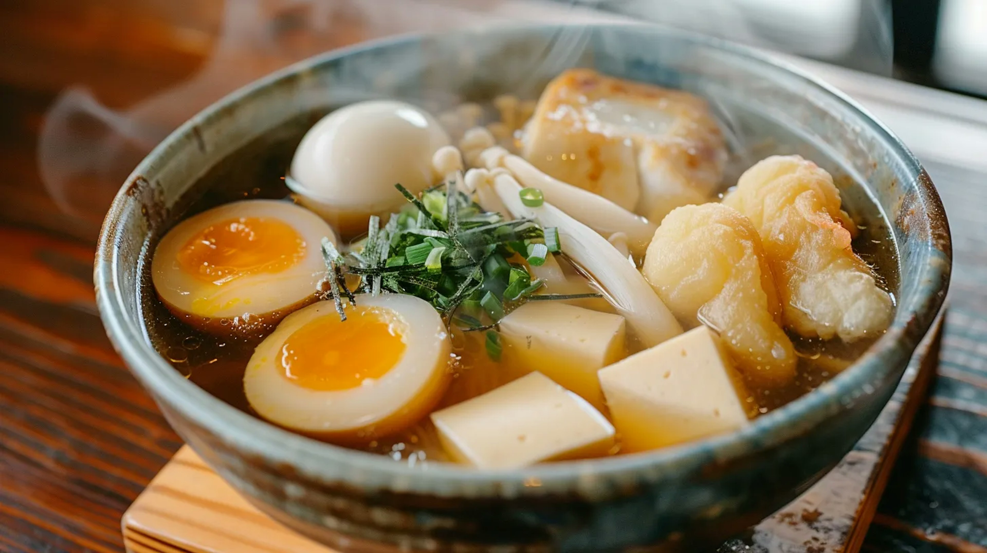 Steaming bowl of traditional Japanese oden with assorted ingredients