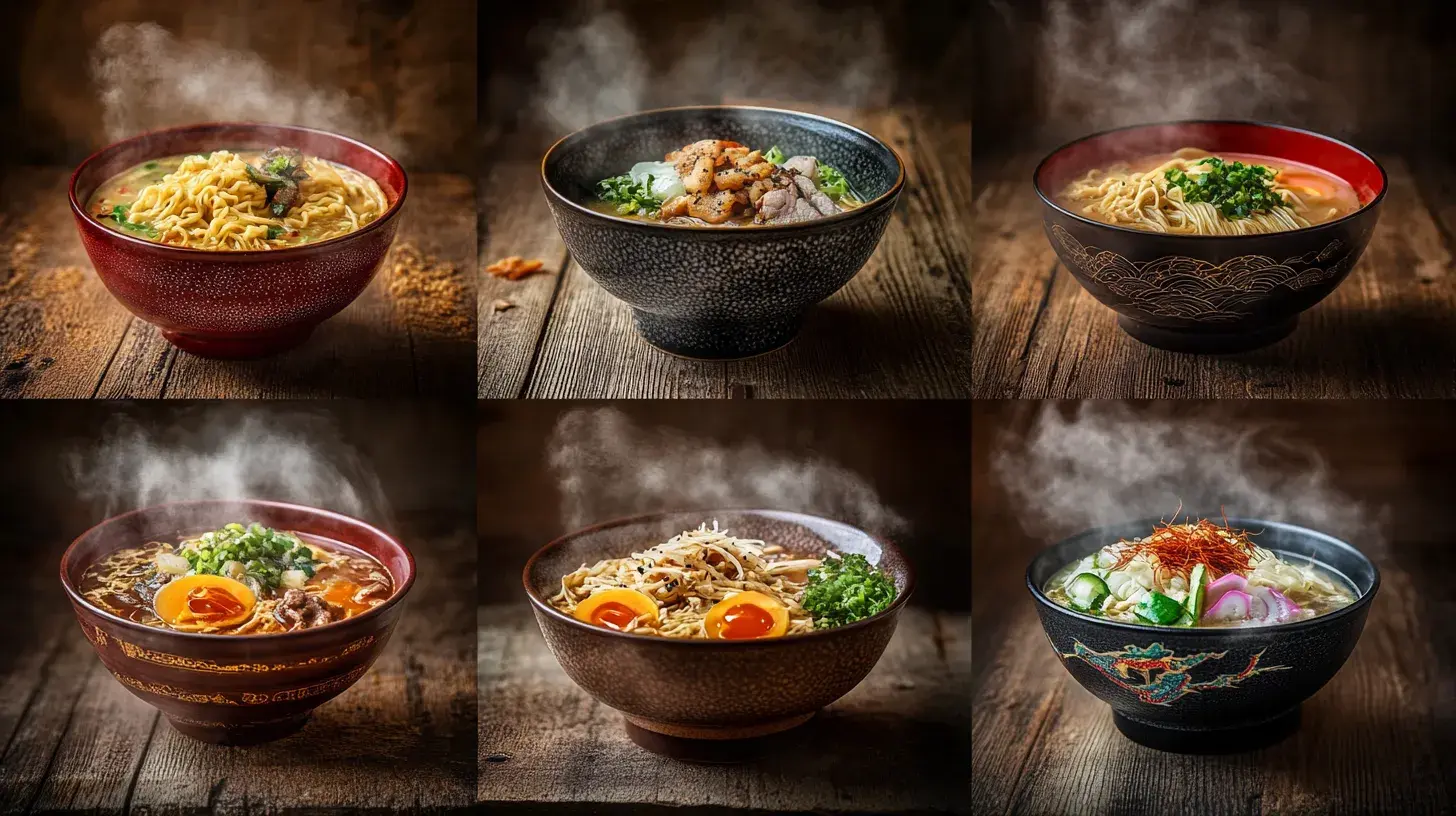 Collage of regional ramen variations in Japan featuring bowls from Sapporo to Kyushu