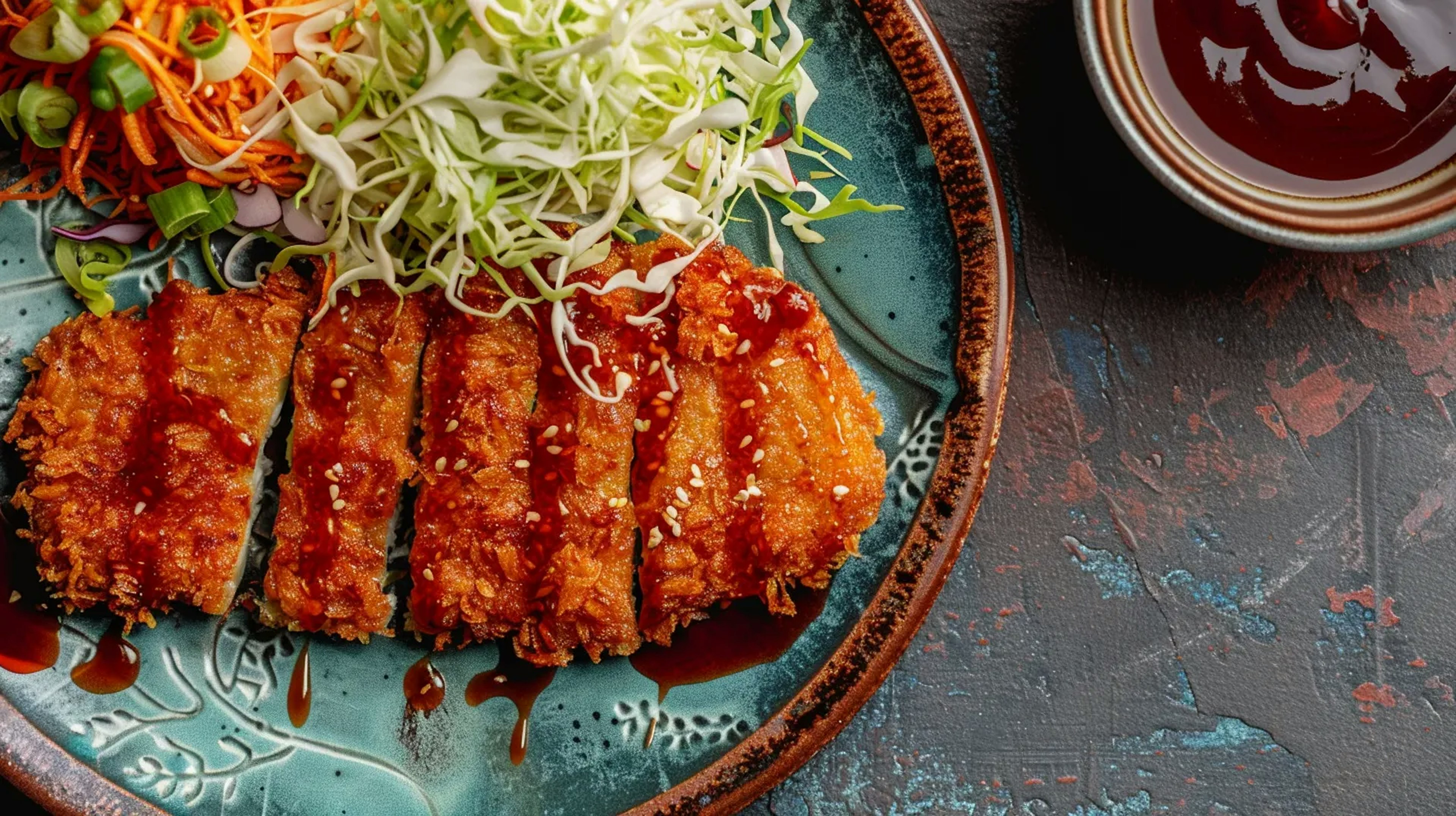 a vibrant image of a plate of tonkatsu, showing the golden-brown, crispy breaded pork cutlet alongside shredded cabbage and a bowl of tonkatsu sauce