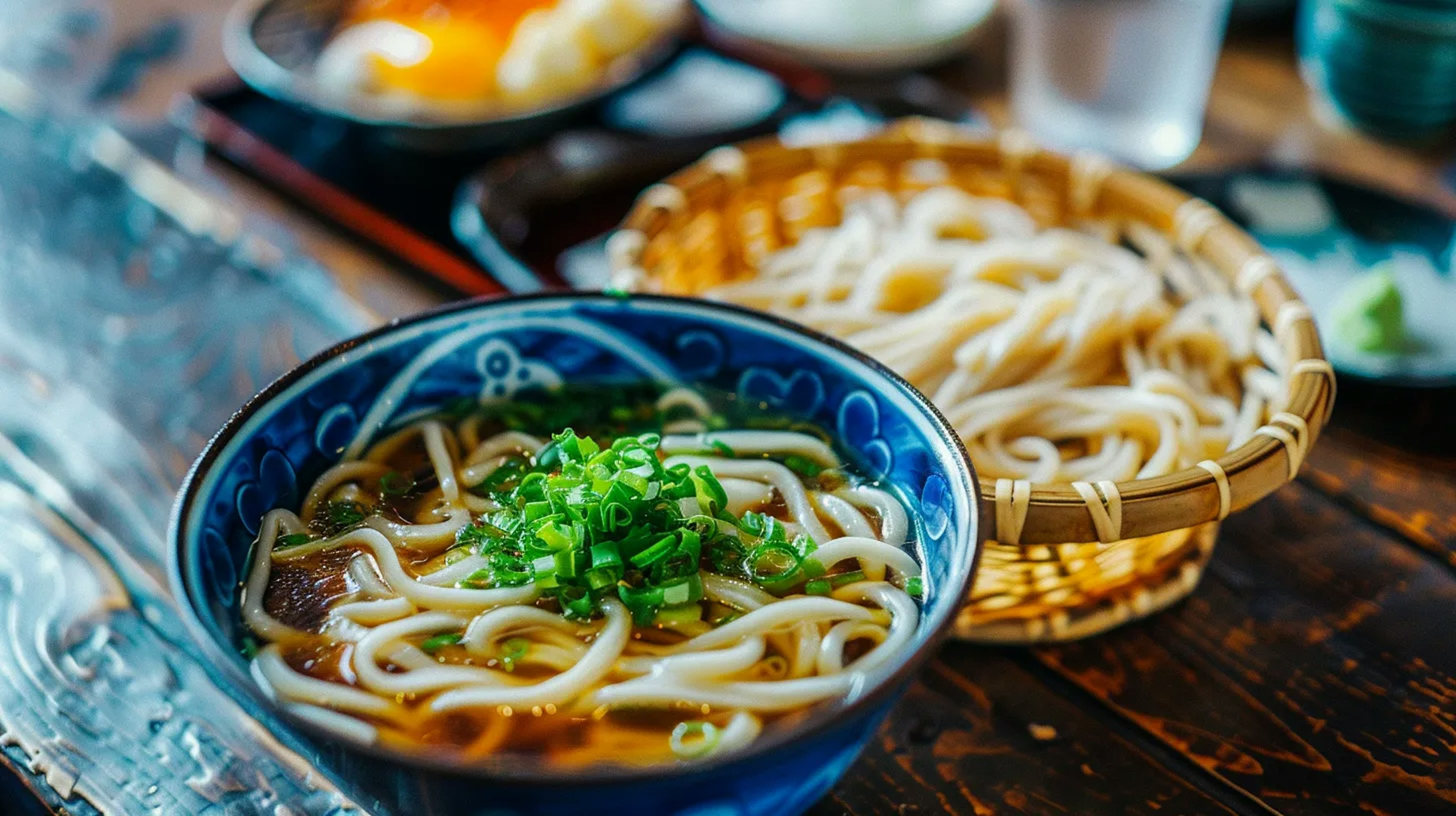 Udon vs. Soba comparison, showcasing thick udon noodles in broth and cold soba noodles