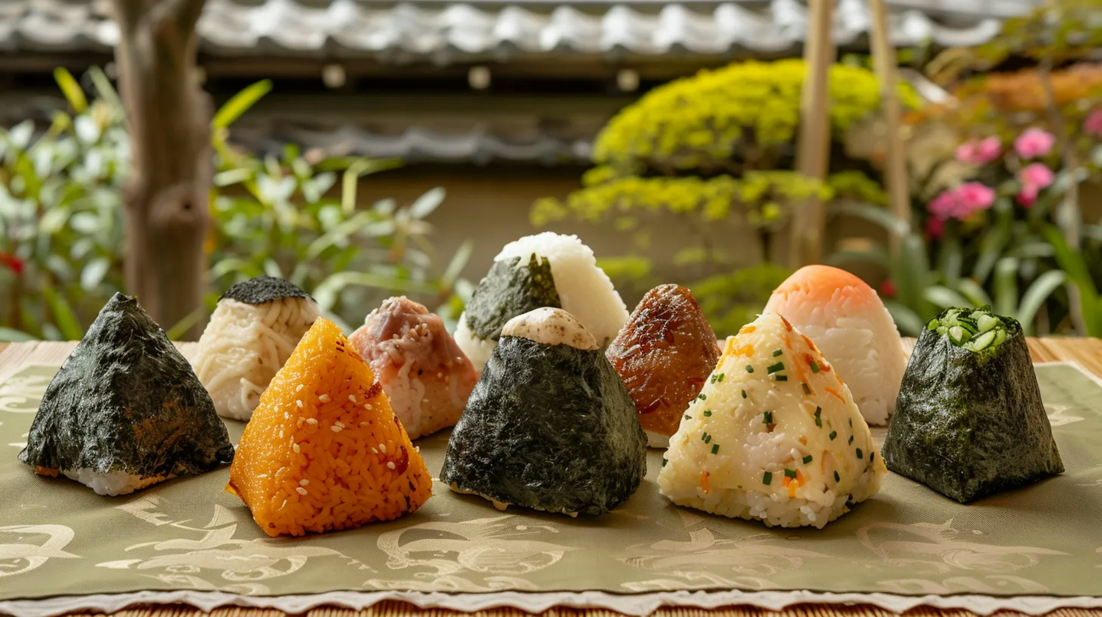 Assorted onigiri on traditional Japanese furoshiki cloth with garden background, showcasing traditional and modern fillings