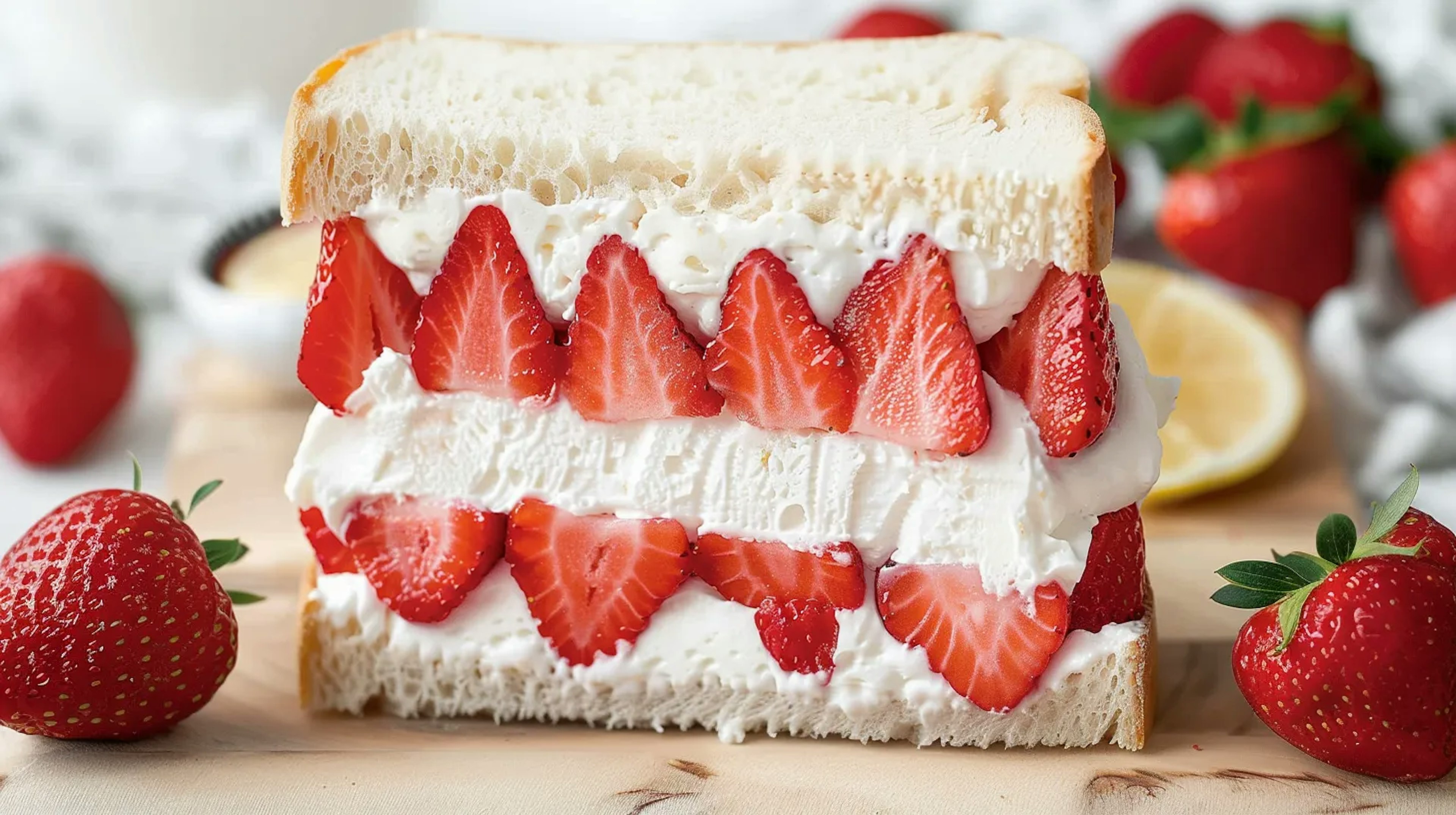 Hand holding a cut strawberry sando with fresh strawberries and cream, with a Japanese conbini background.