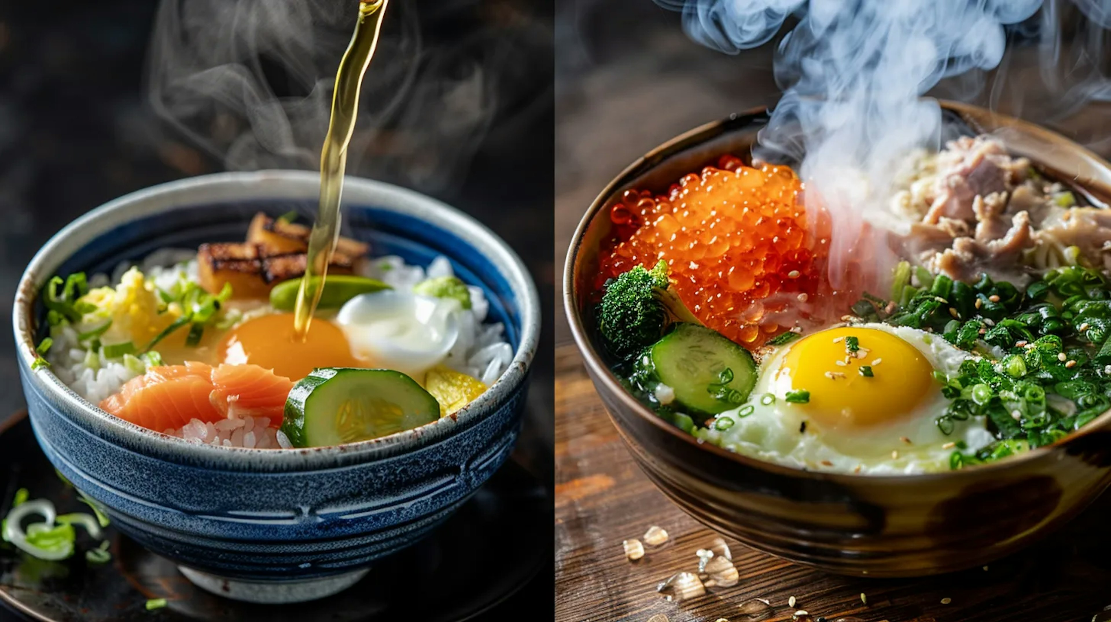 A colorful split-view image of Ochazuke and Zosui, showing the distinct preparation and ingredients of each Japanese rice dish