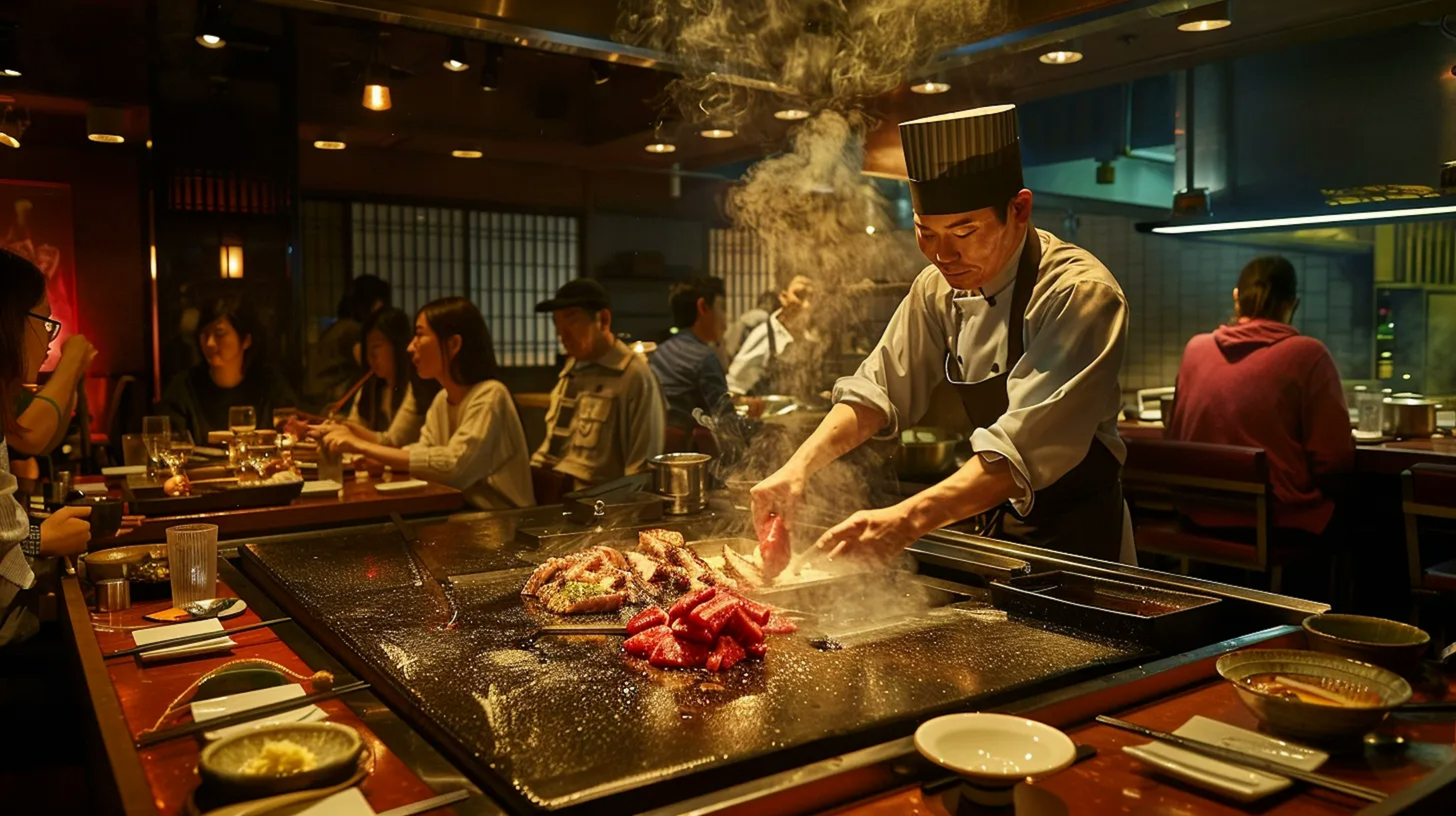Teppanyaki chef preparing meats and vegetables on a large flat grill, with guests watching the engaging culinary performance
