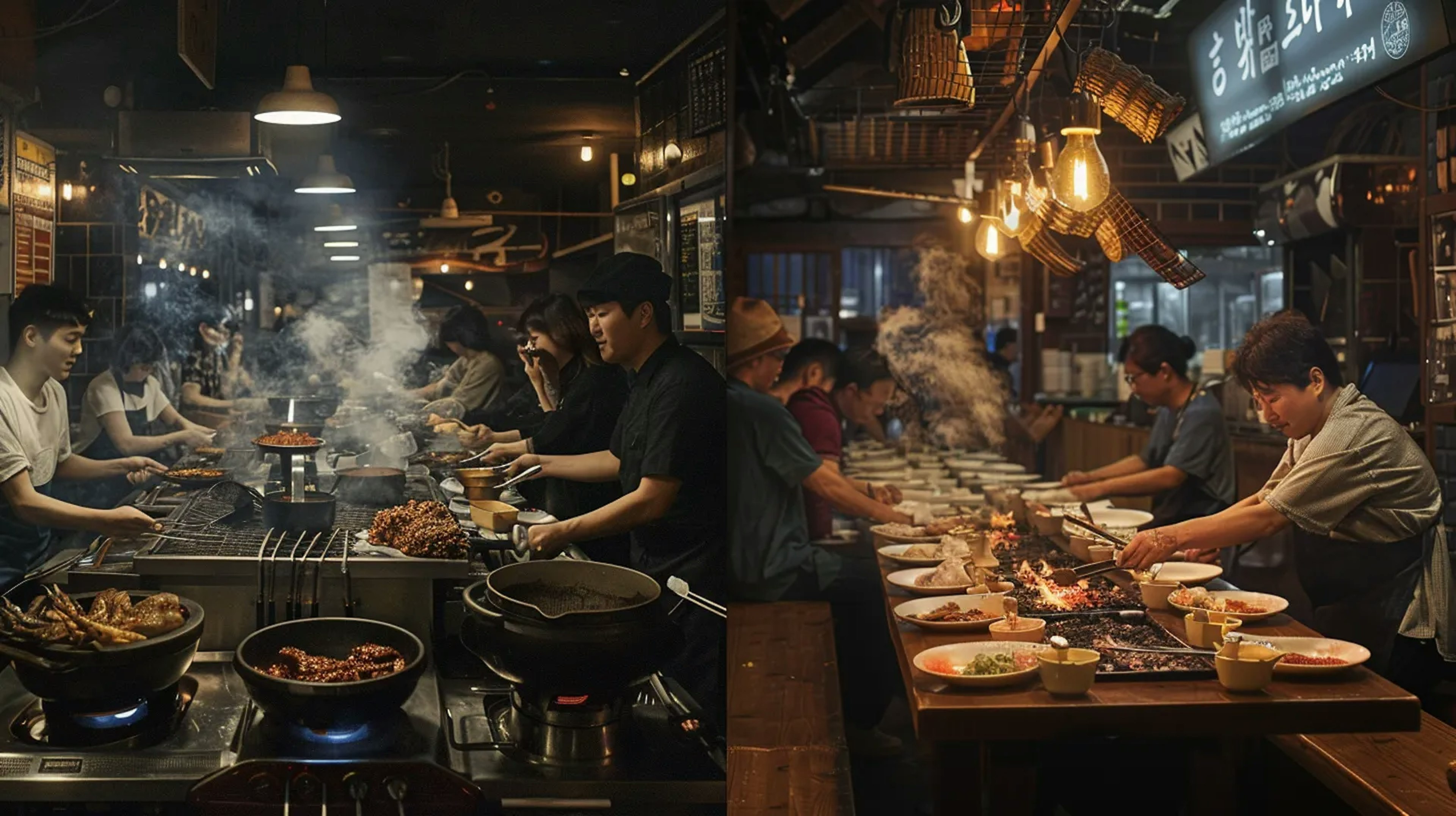 Contrasting dining experiences at a lively Korean BBQ and a focused Yakiniku restaurant, emphasizing the different cultural and social vibes of each grilling style