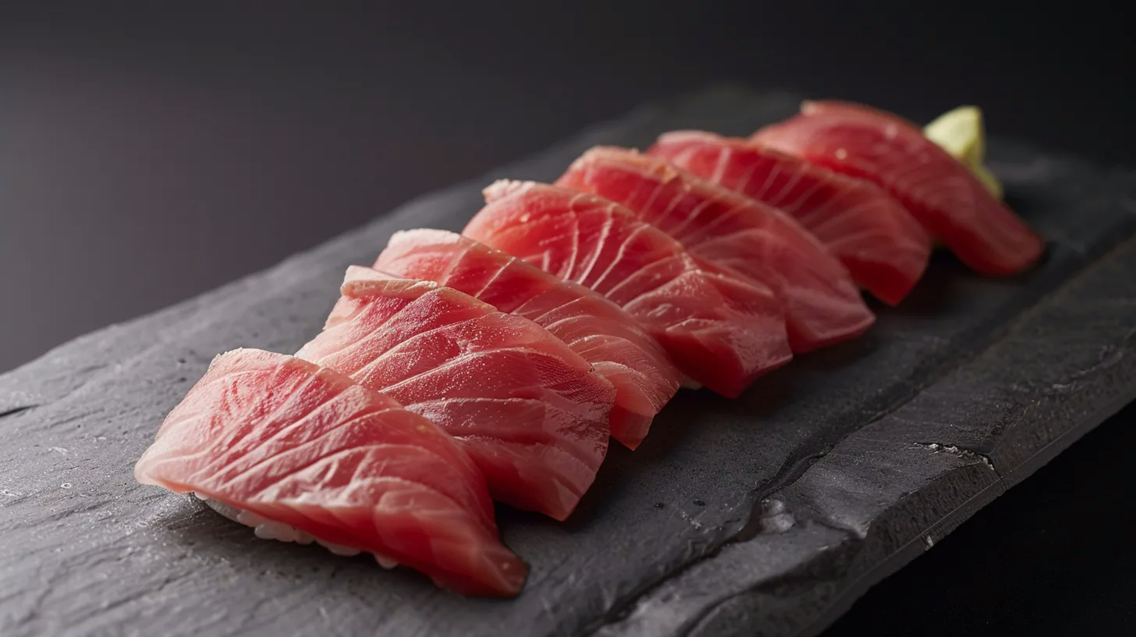 Chutoro and otoro tuna slices side by side on a Japanese sushi board, highlighting their marbling differences