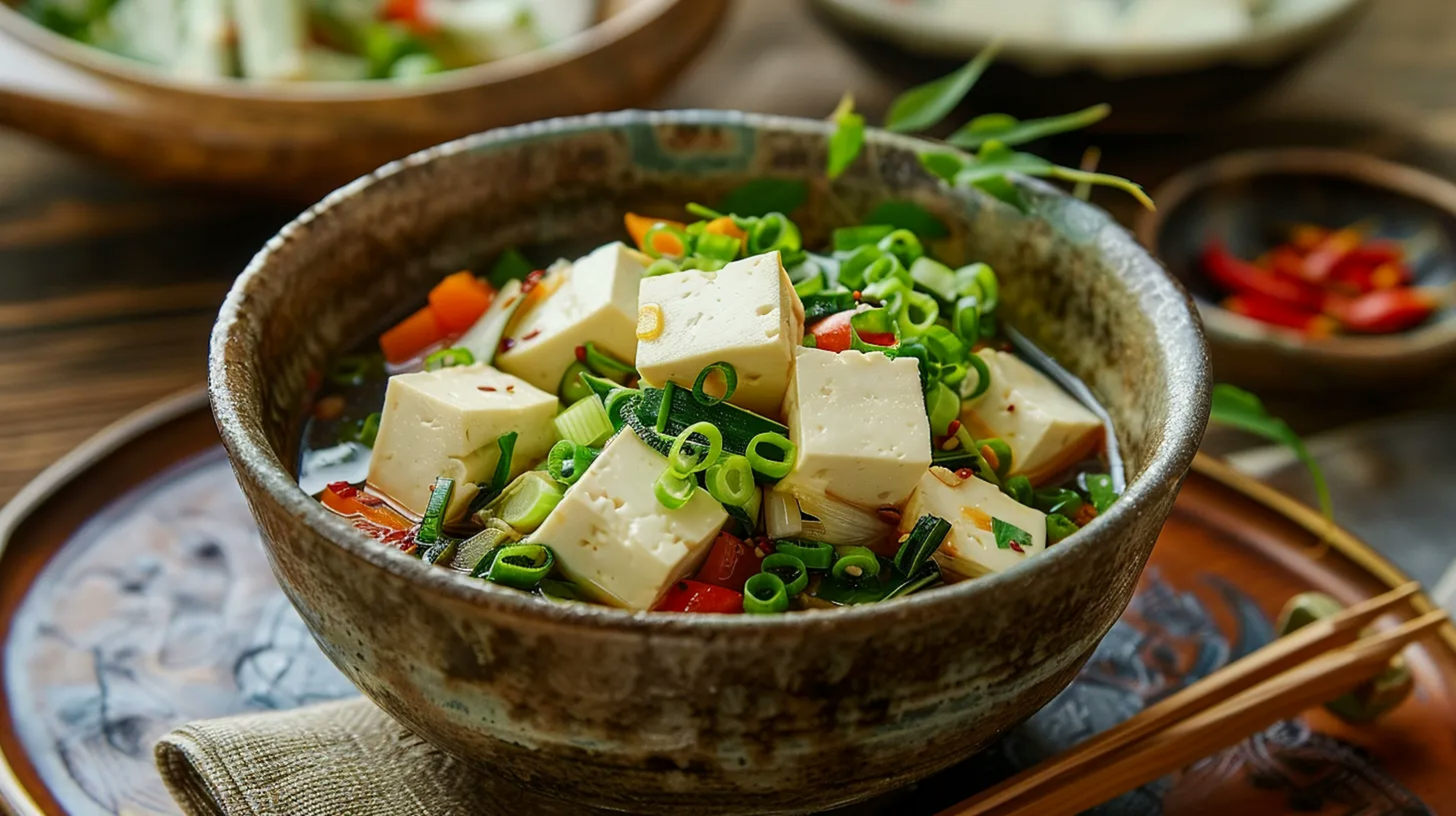A healthy and visually appealing tofu dish, richly garnished with vibrant vegetables and grains, served on an elegant ceramic plate, emphasizing the health benefits of tofu