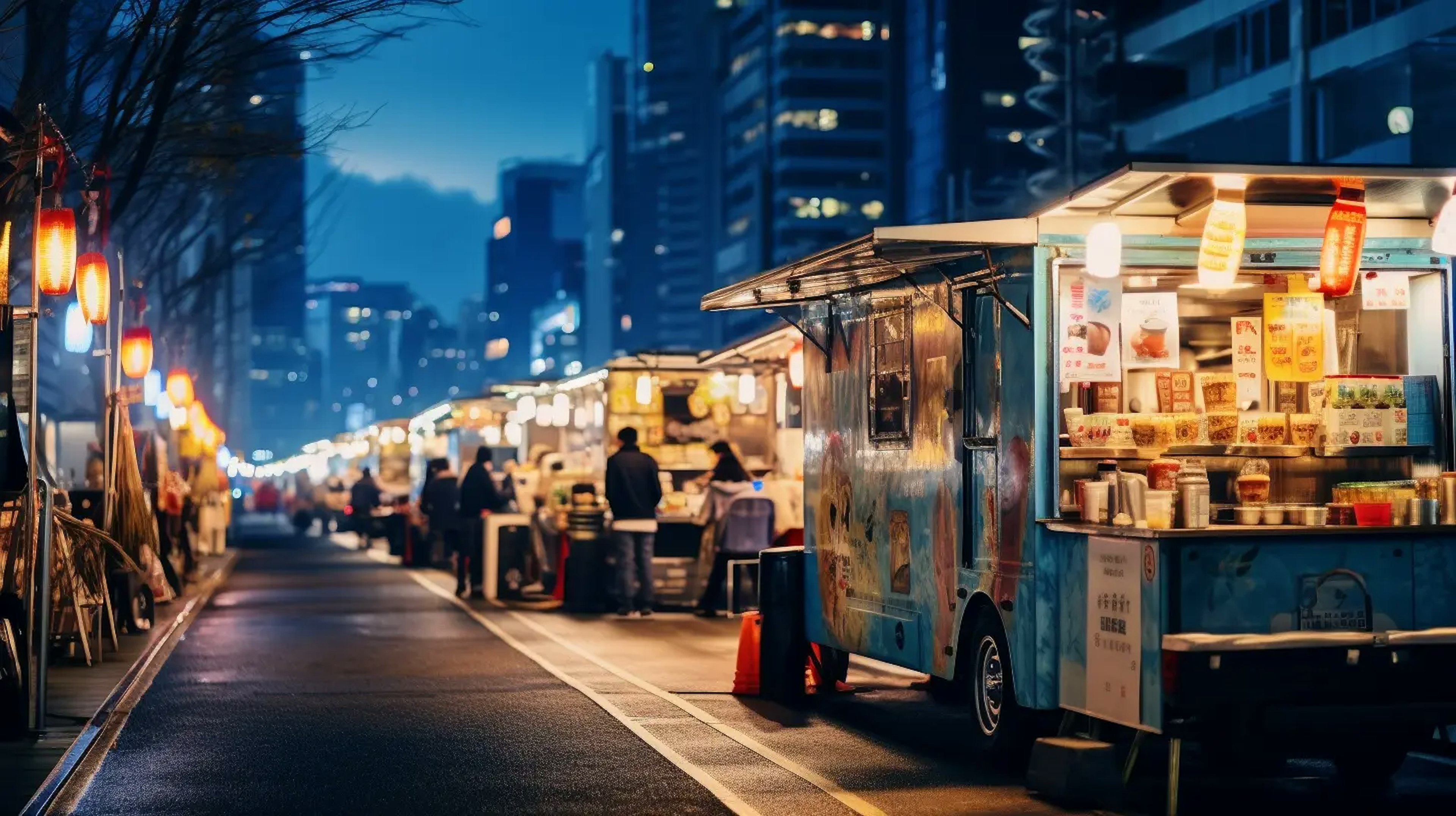 A bustling street in Tokyo with diverse food trucks serving eager customers