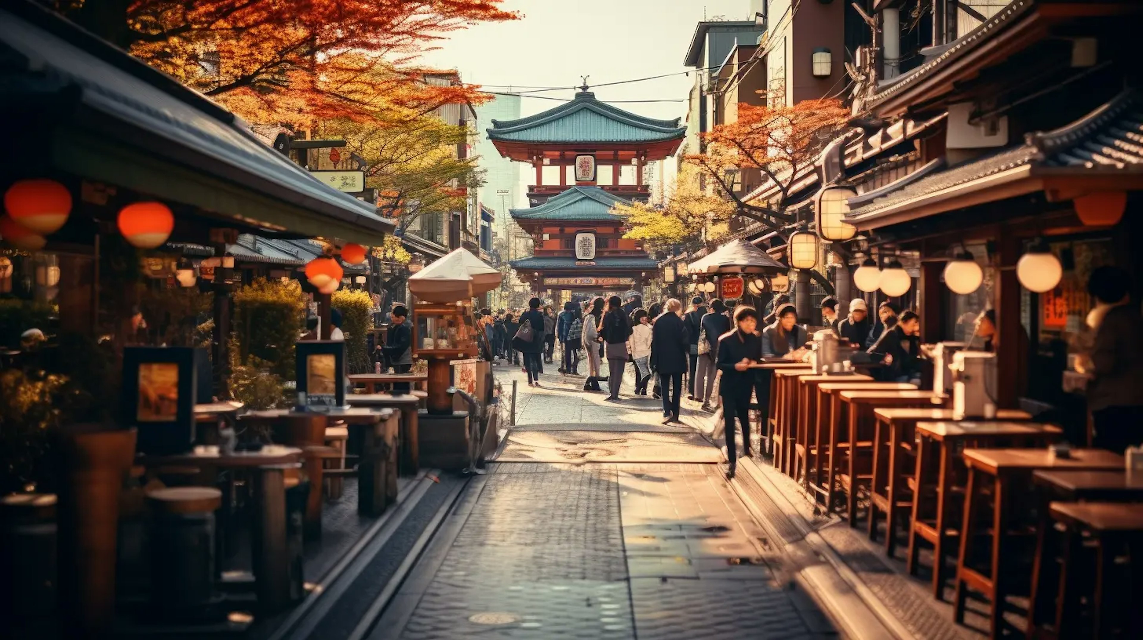 Busy Tokyo street lined with popular restaurants and cafes