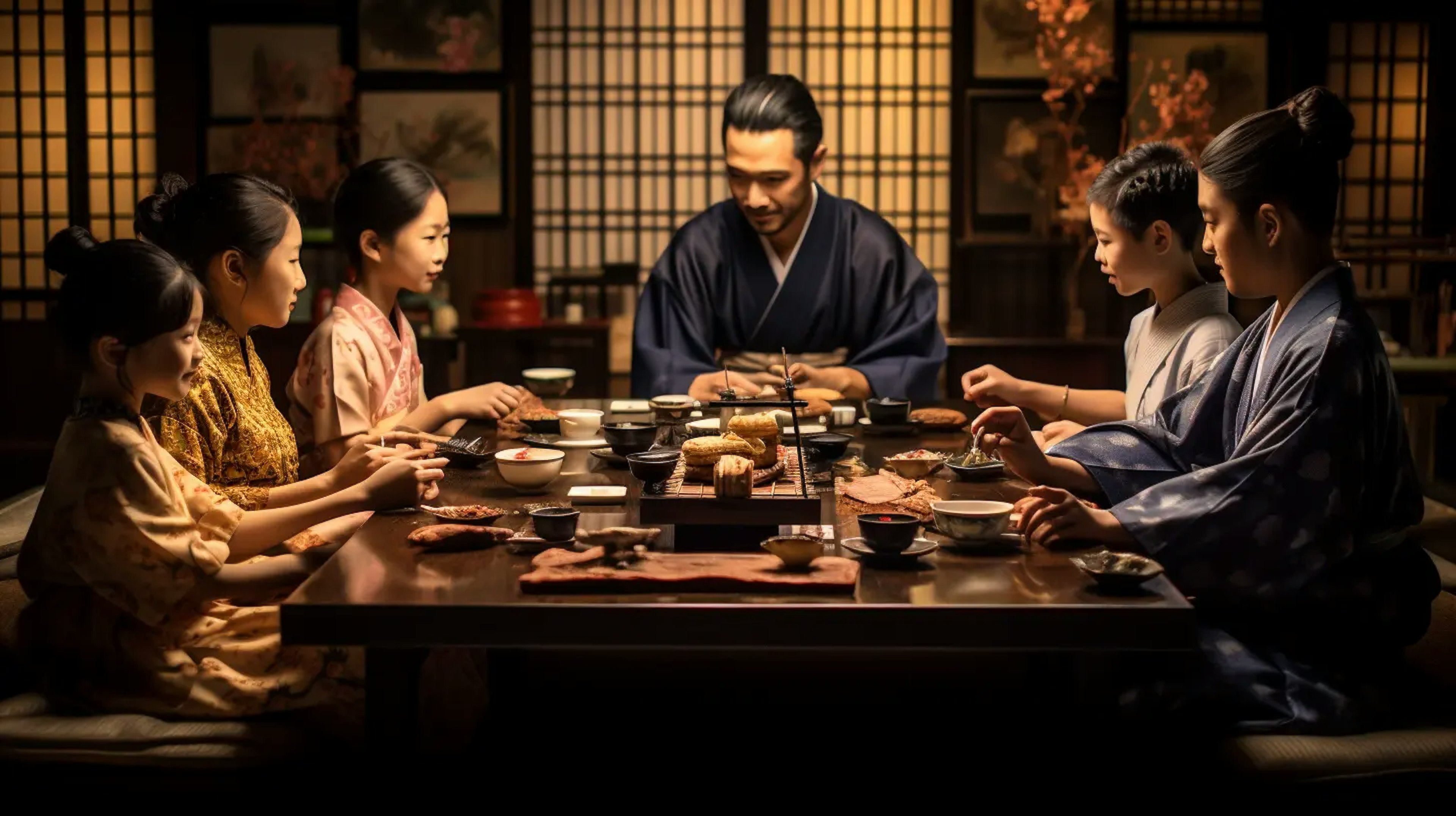 japanese family at a traditional dining setup, preparing to say 'Itadakimasu