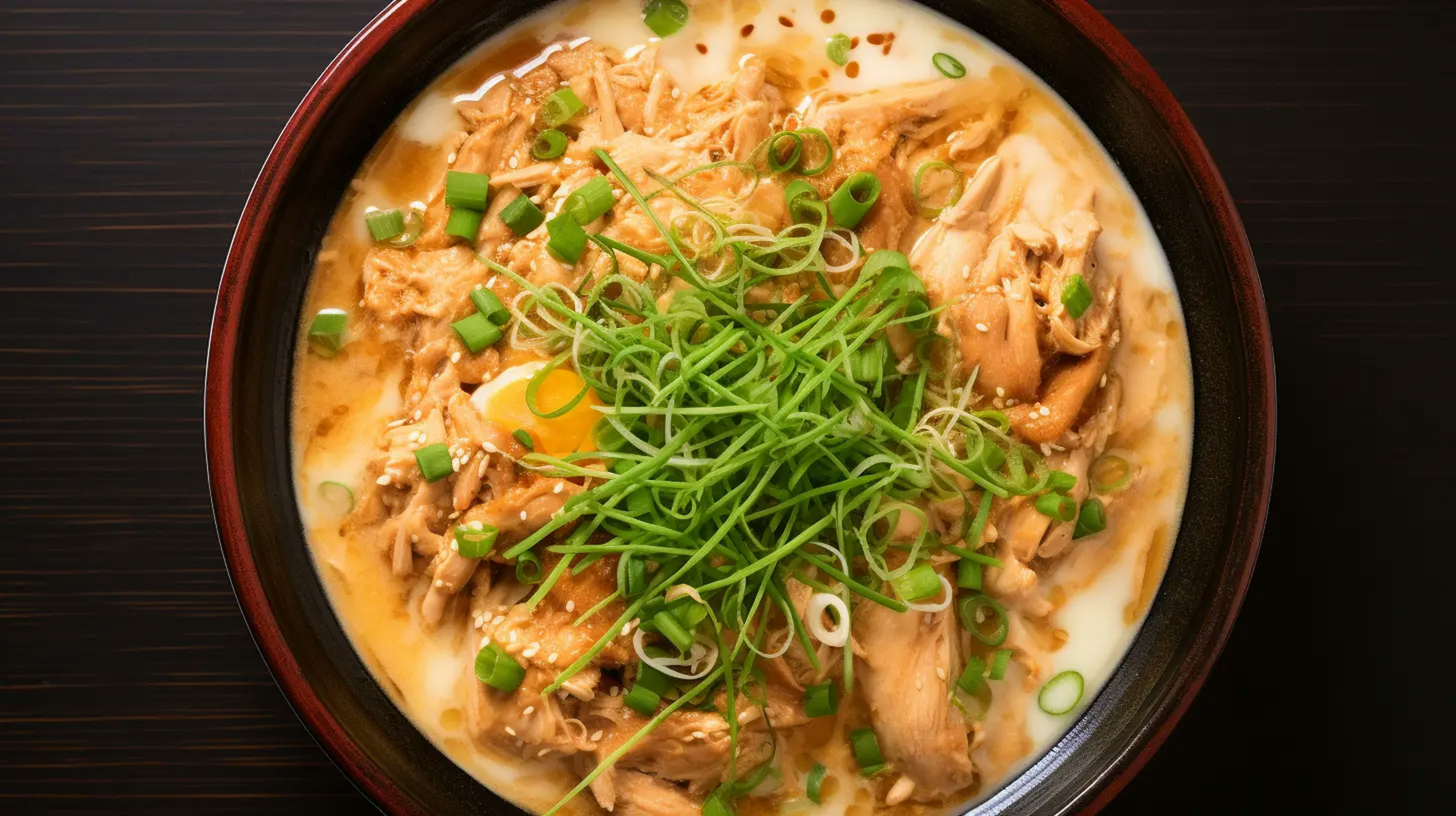 Overhead shot of a traditional Oyakodon rice bowl