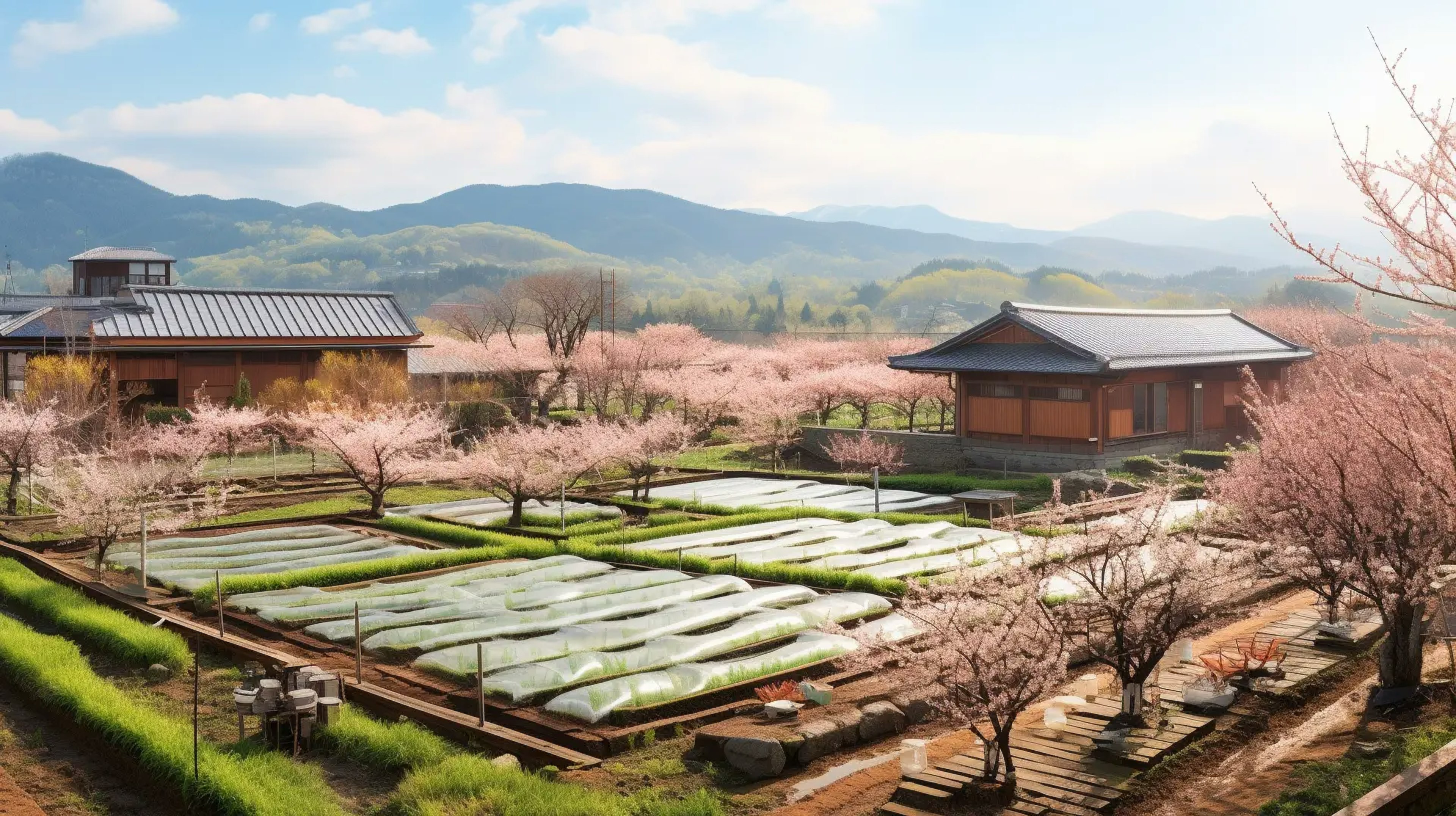 panoramic view of a kyoto farm during cherry blossom season
