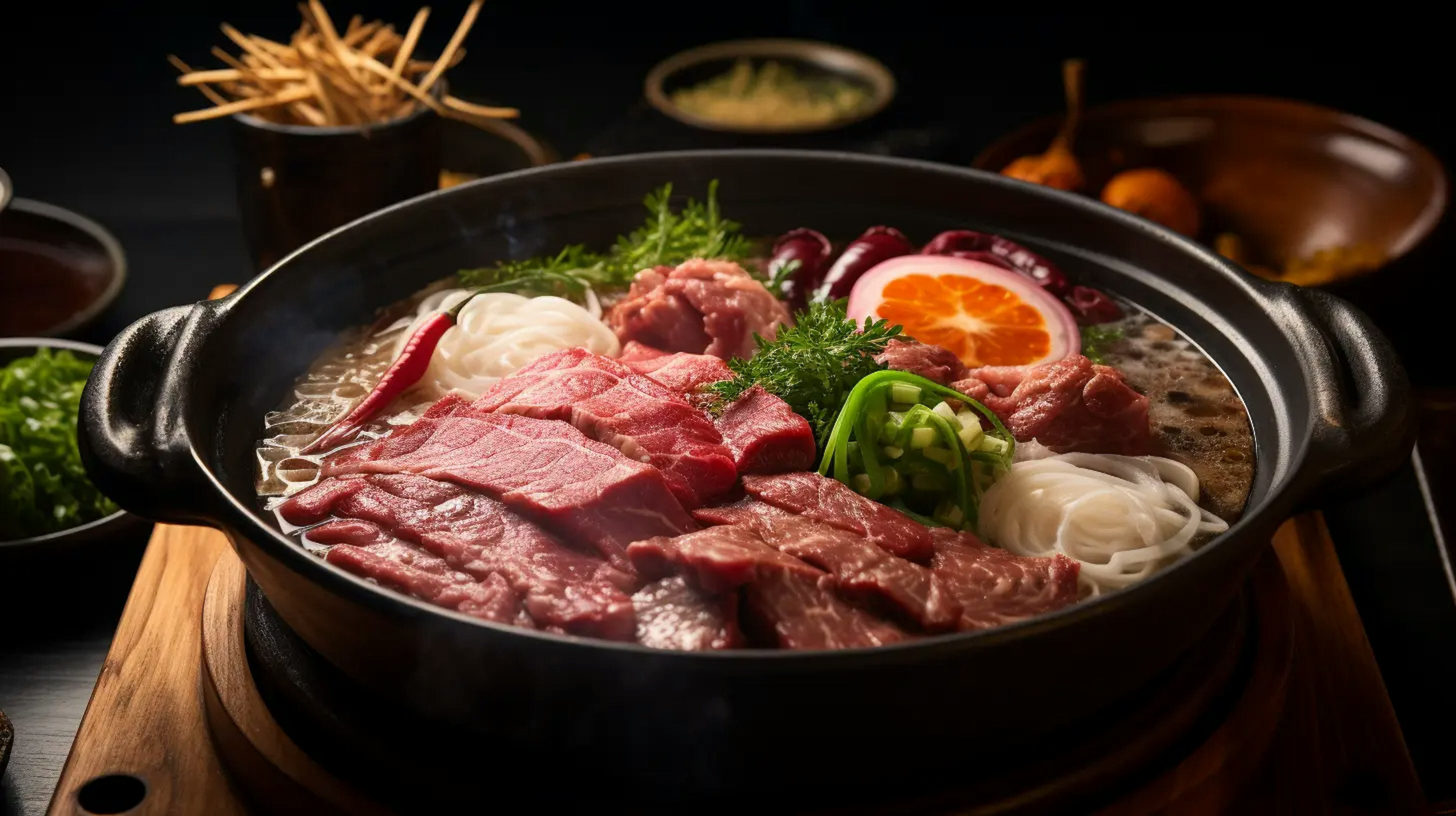 Wagyu Sukiyaki in a traditional Japanese hotpot, highlighting the luxurious beef and simmering ingredients