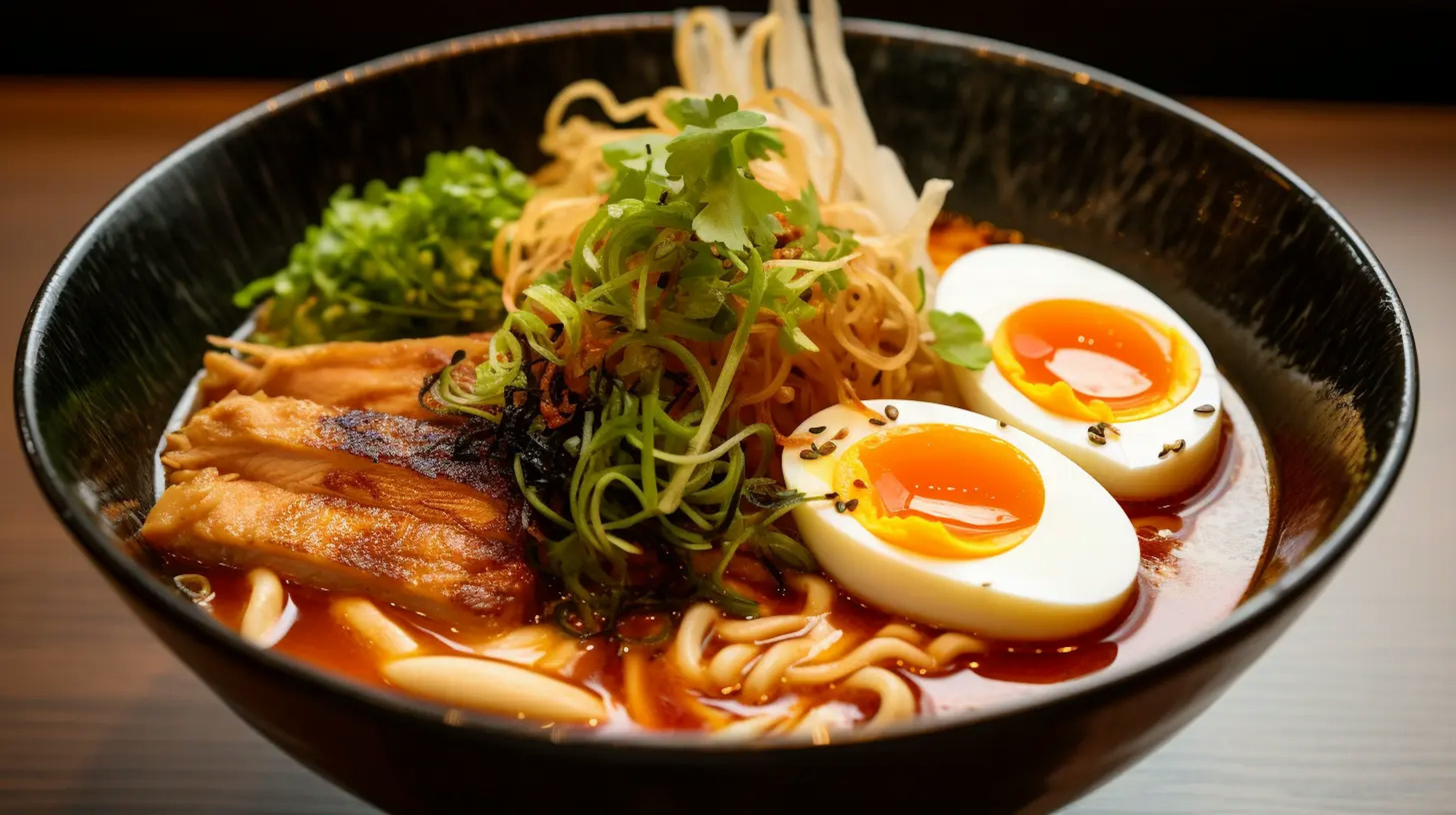 close-up of a bowl of Nagoya Ramen, showcasing its rich broth, thick noodles, and traditional toppings