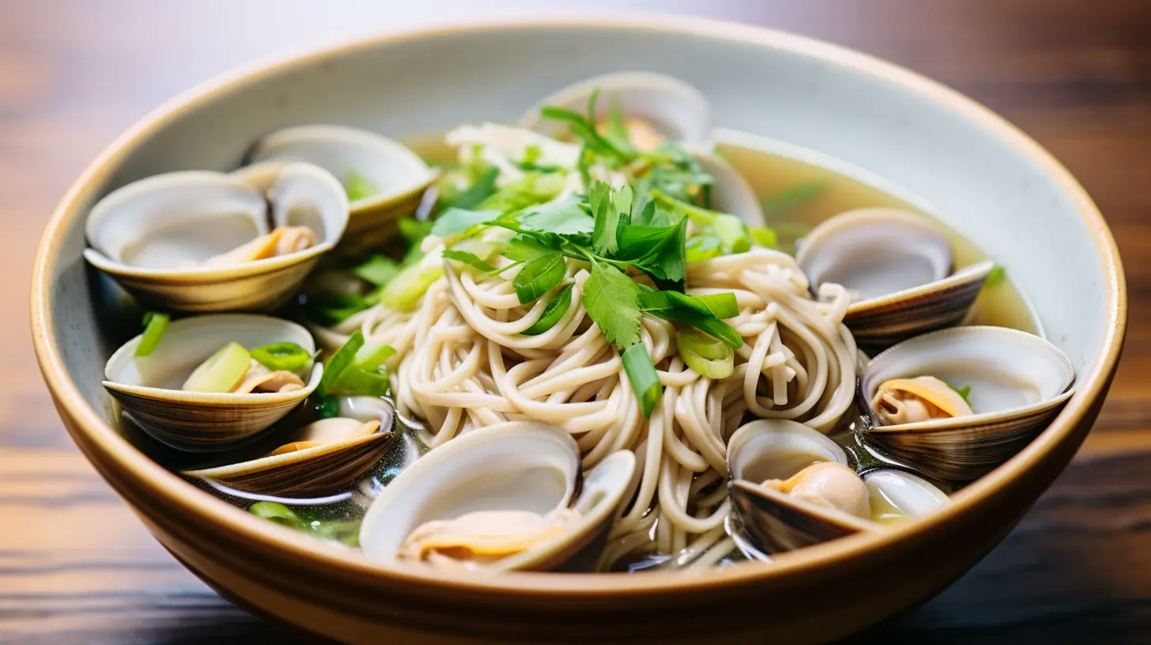 close-up shot of a bowl of Clams Soba, showcasing the soba noodles, clams, and broth