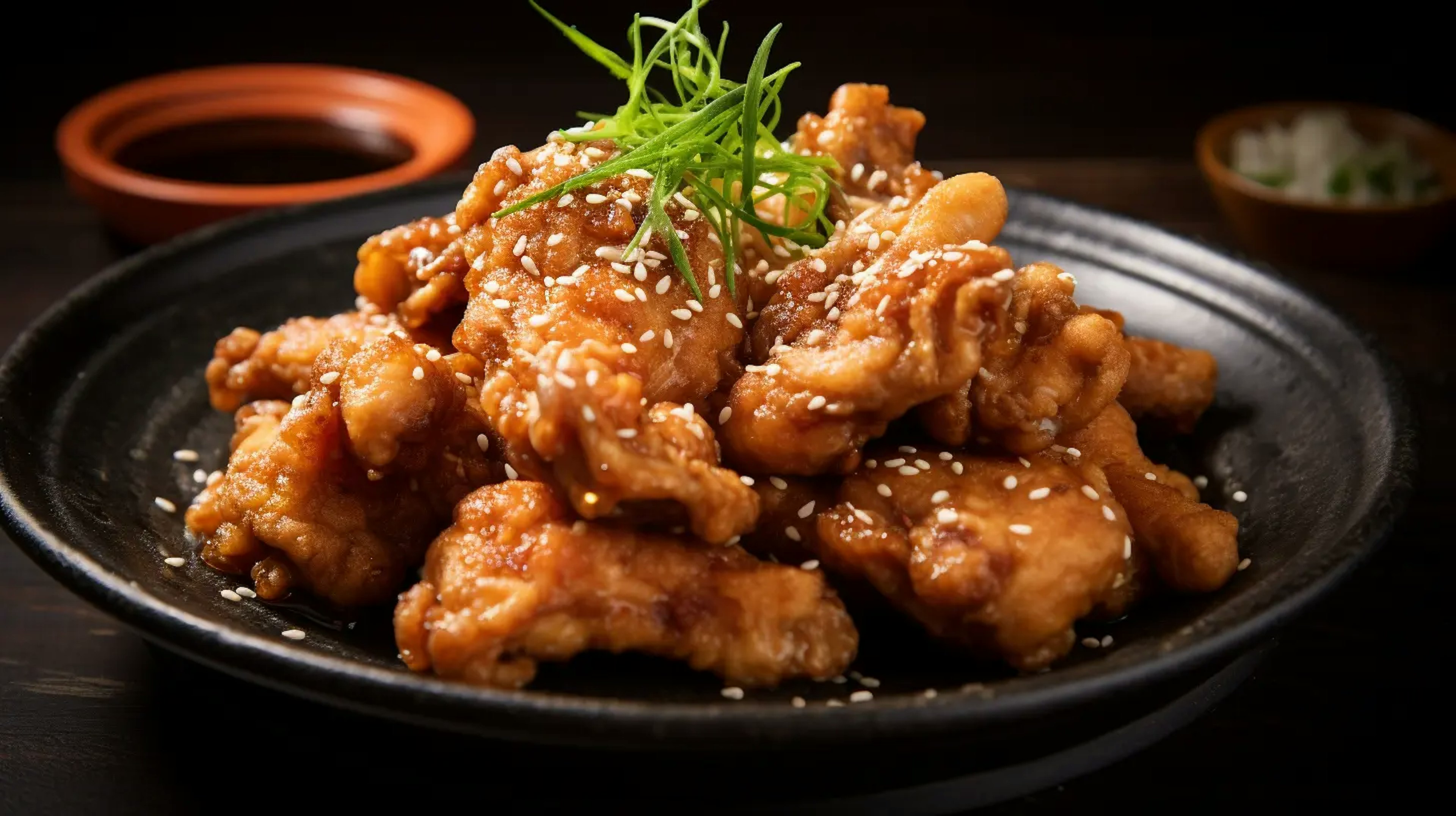 golden-brown Chicken Karaage pieces garnished with fresh herbs on a traditional Japanese plate