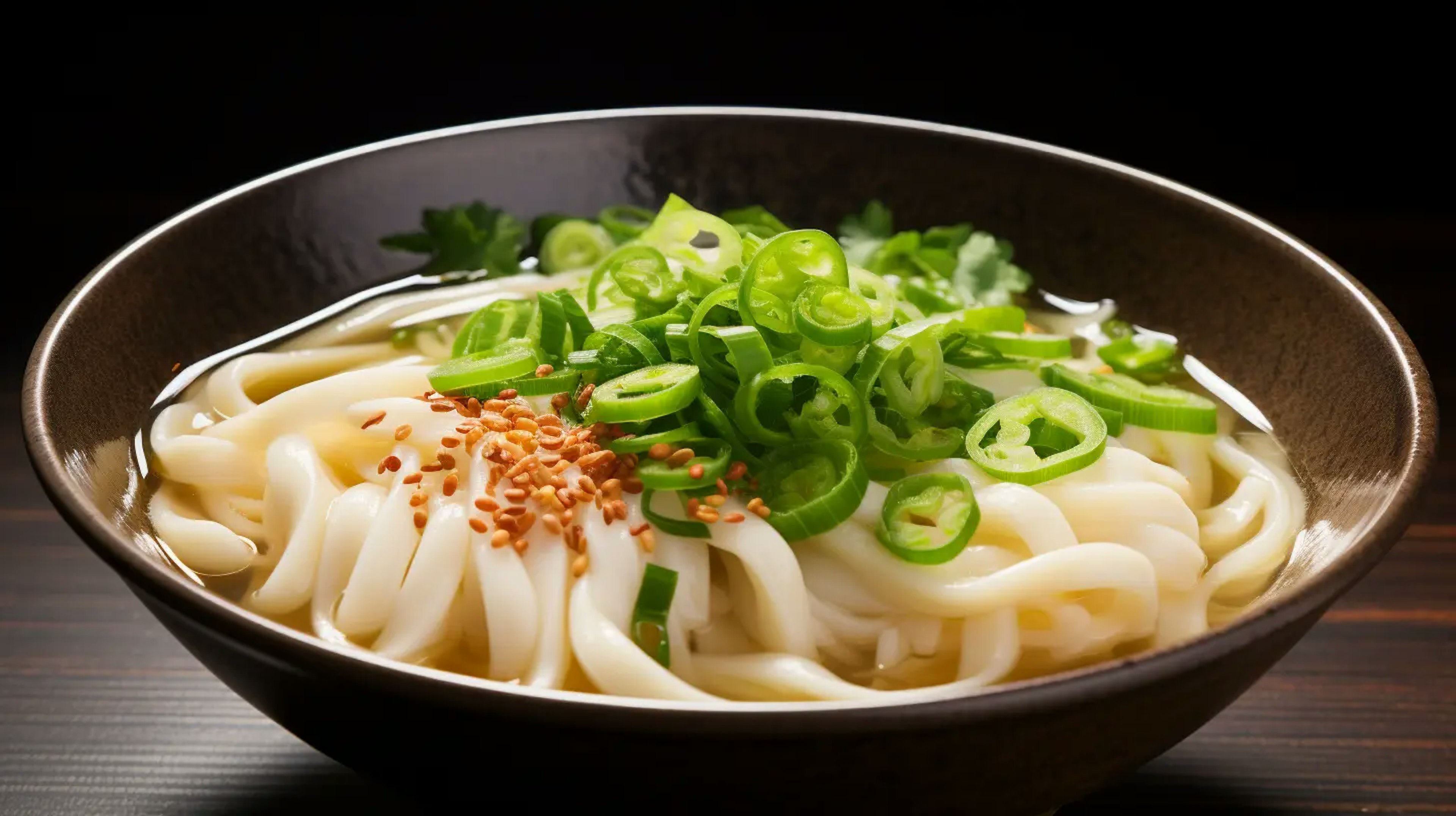 steaming bowl of kake udon, highlighting the clear broth, chewy udon noodles, and freshly chopped green onions