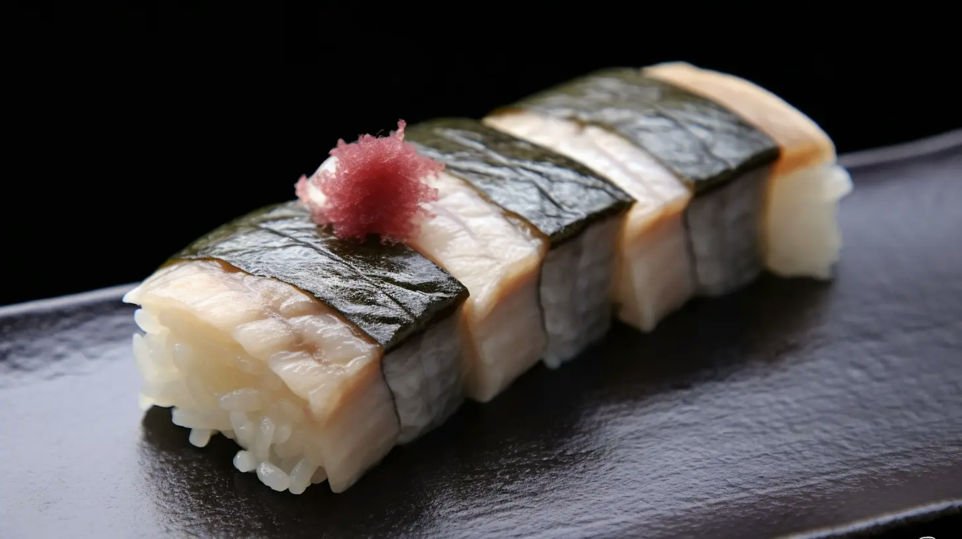 close-up of traditional battera sushi from osaka with layers of mackerel and sushi rice