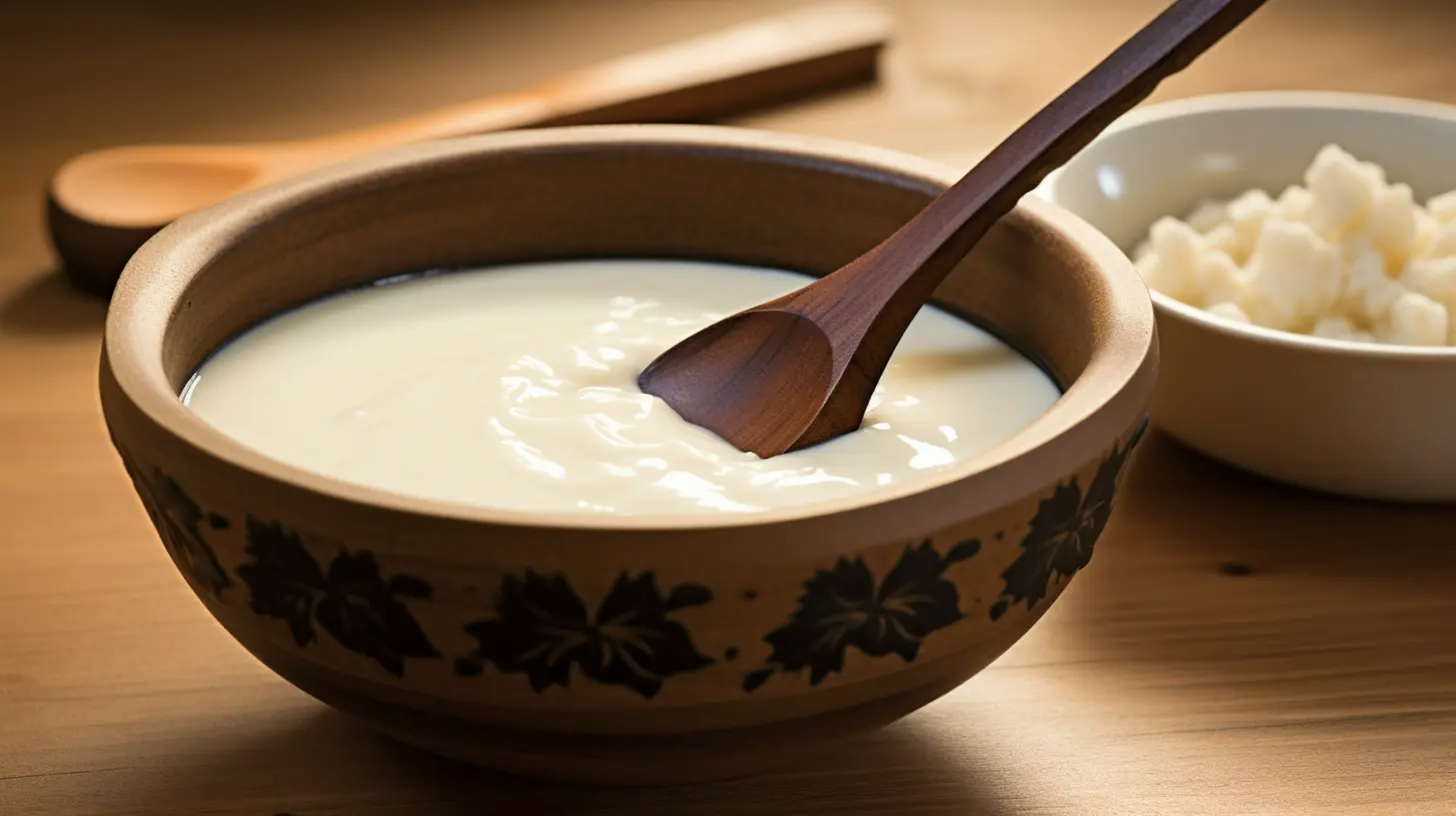traditional bowl of amazake rice drink with a wooden spoon, symbolizing its ancient Japanese roots