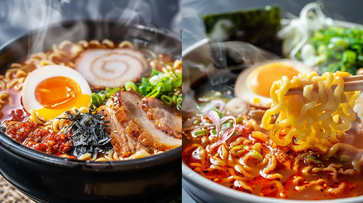 Split image of Japanese ramen with chashu pork, egg, nori, and green onions on the left, and Korean ramyeon with spicy broth, vegetables, cheese, and egg on the right