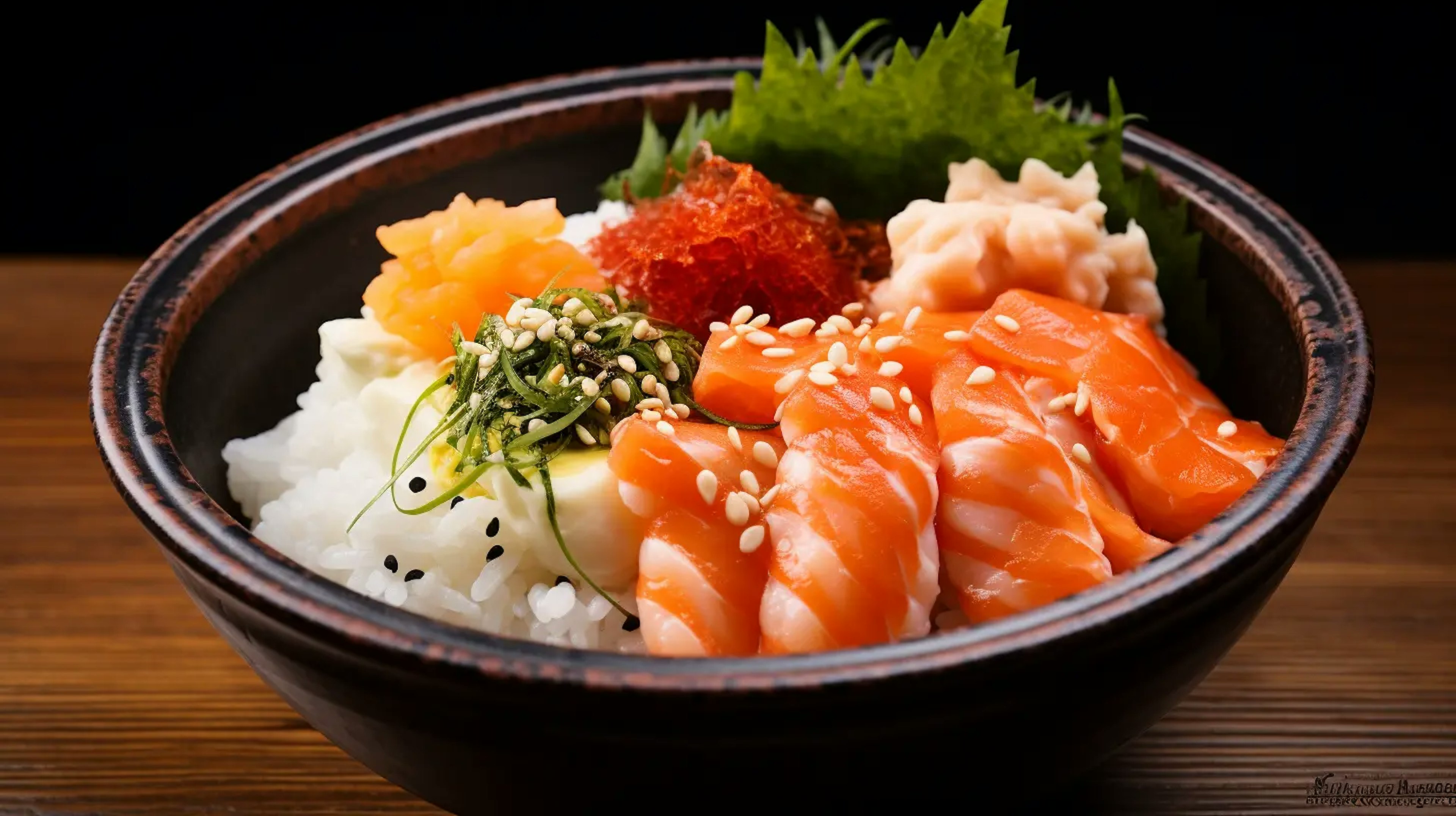 close-up of a kaisen donburi bowl filled with fresh seafood and sushi rice
