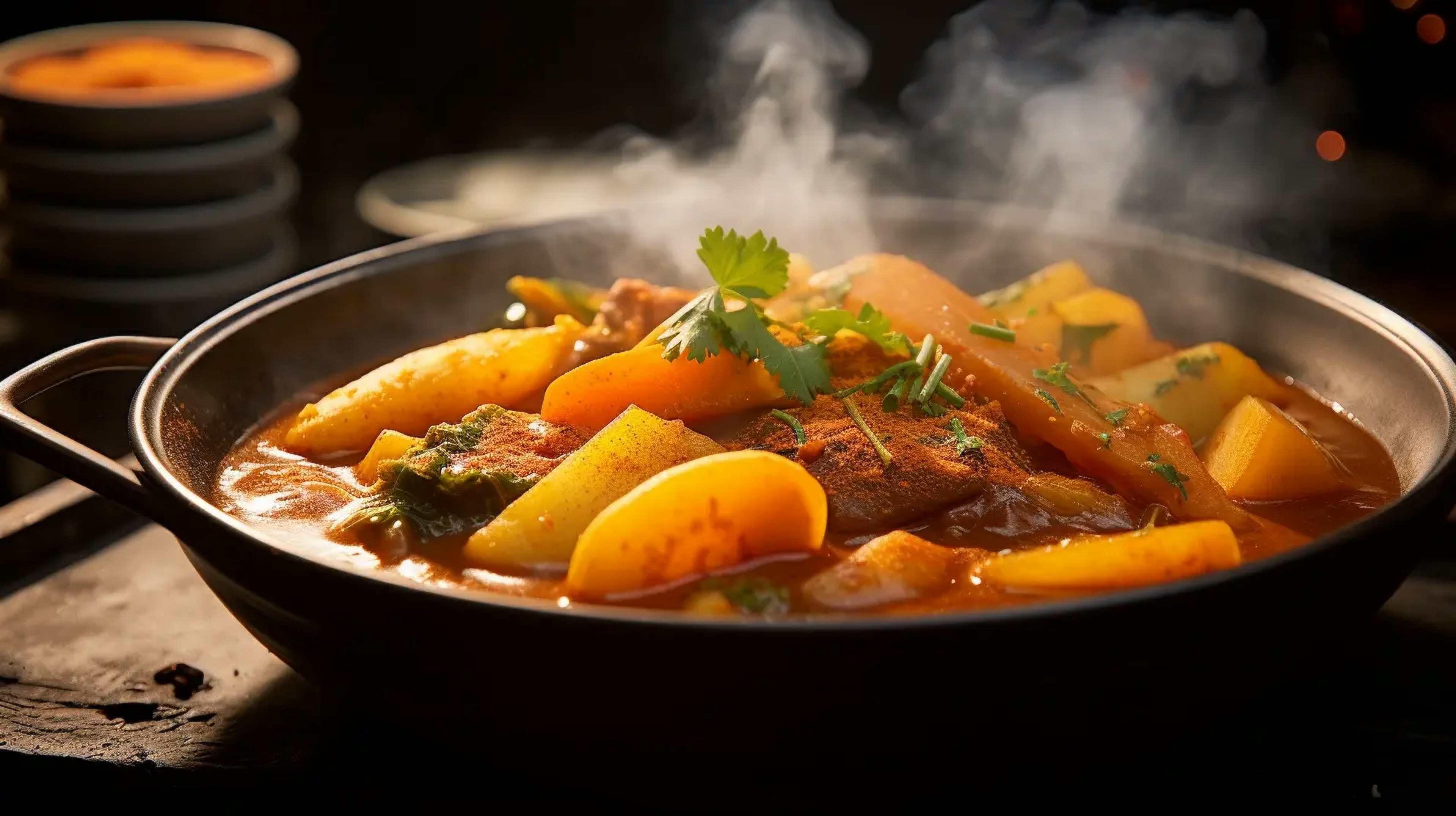 Close-up of steaming Japanese curry with carrots, potatoes, and onions
