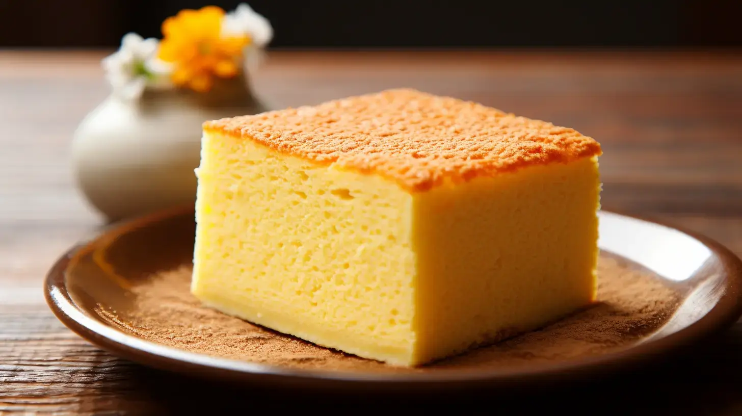beautifully plated slice of castella sponge cake with a golden brown top