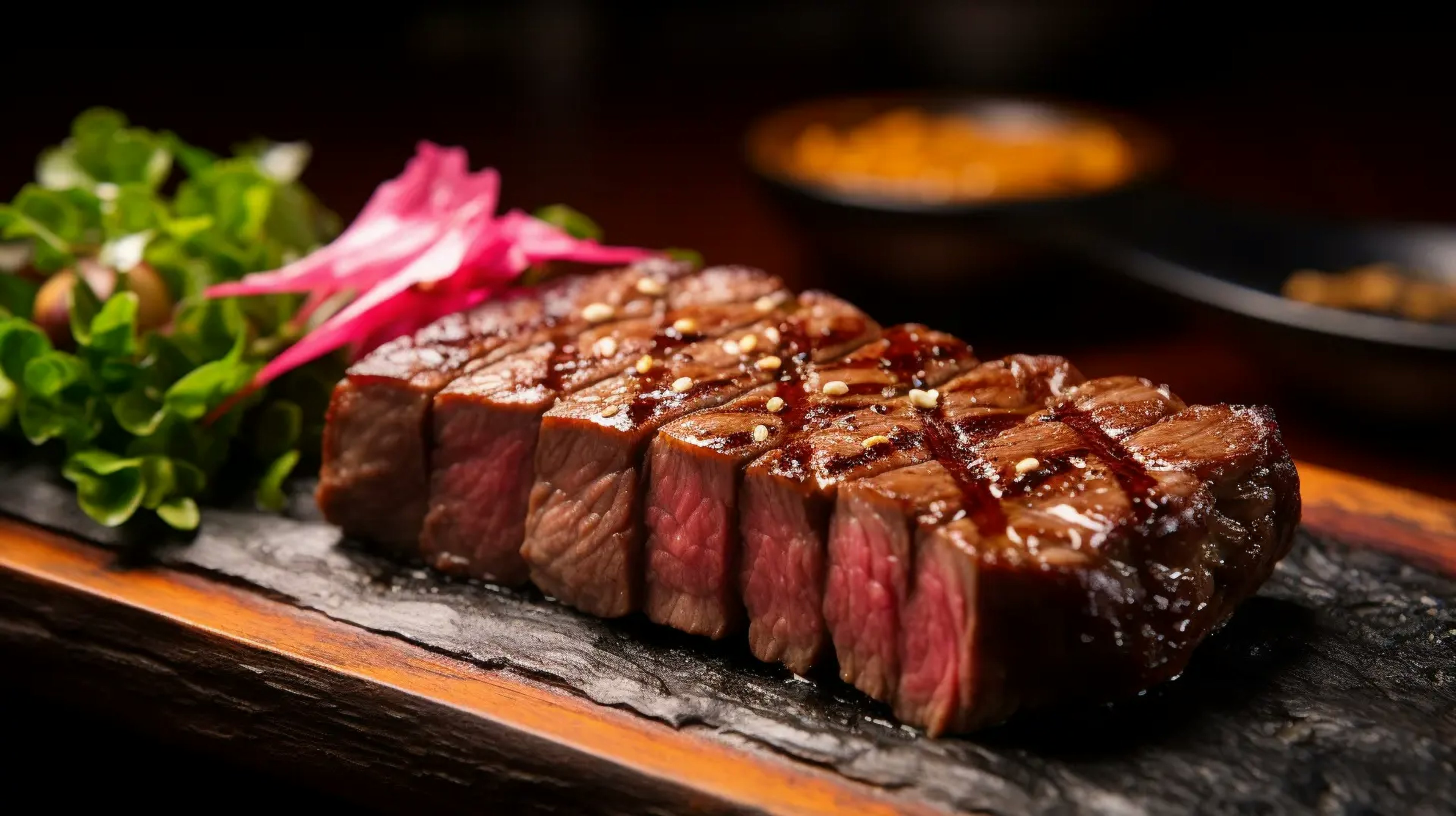 close-up of a perfectly grilled Kobe beef steak, showcasing its marbling and juicy texture
