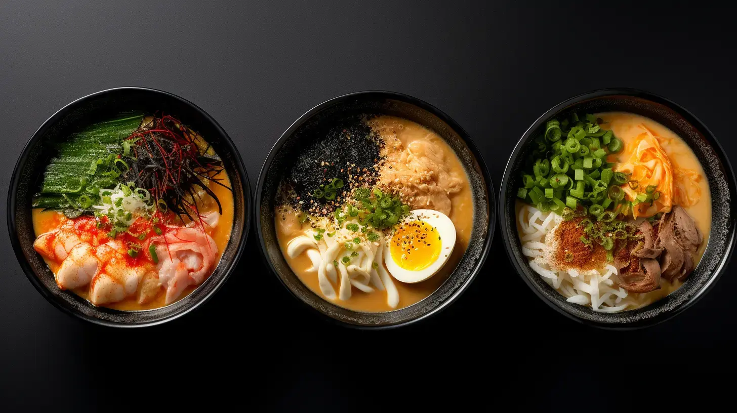 types of ramen- Shio, Tonkotsu, Miso, and Shoyu