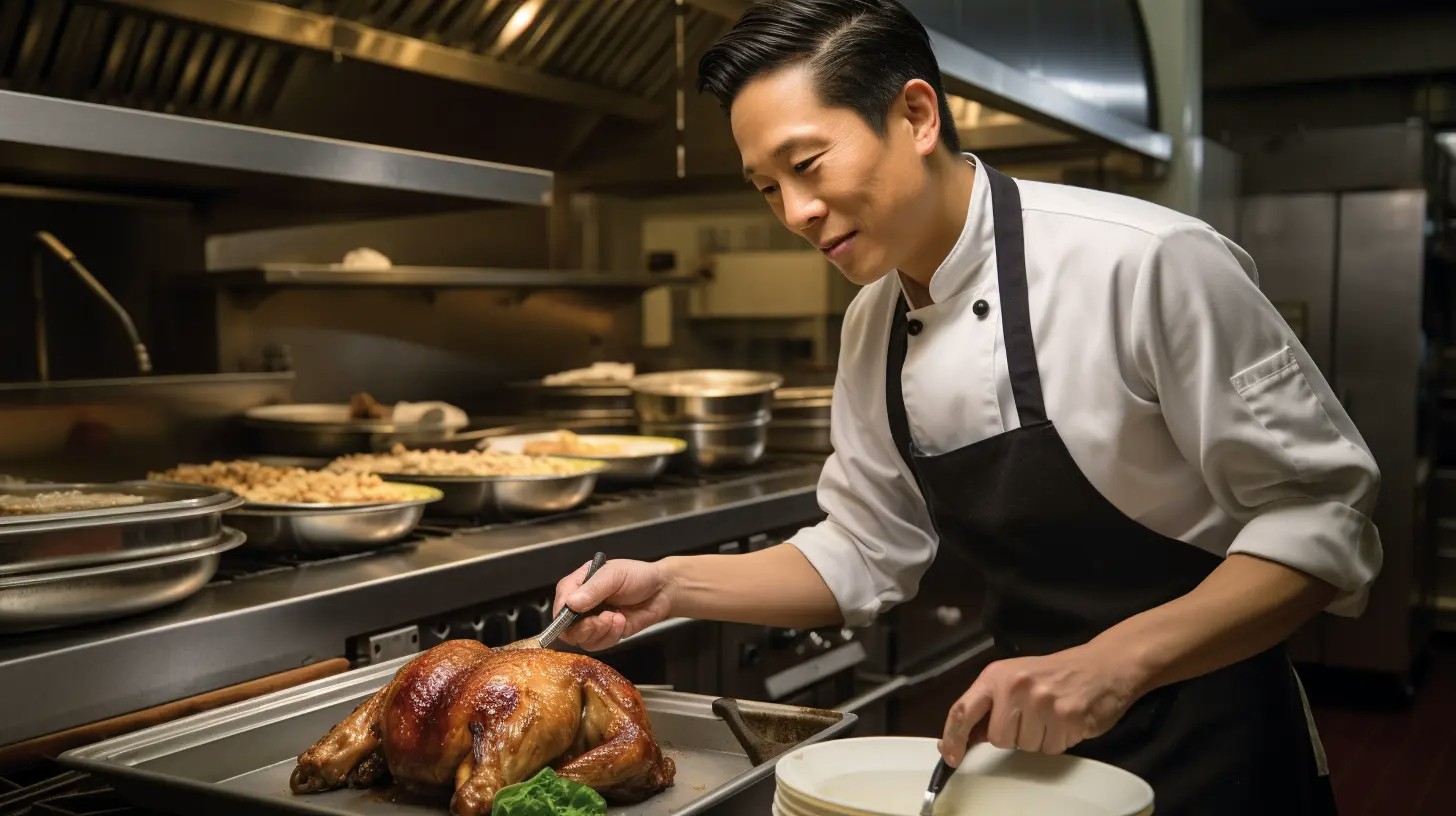 Chef preparing a Japanese-inspired roast turkey in his Tokyo restaurant