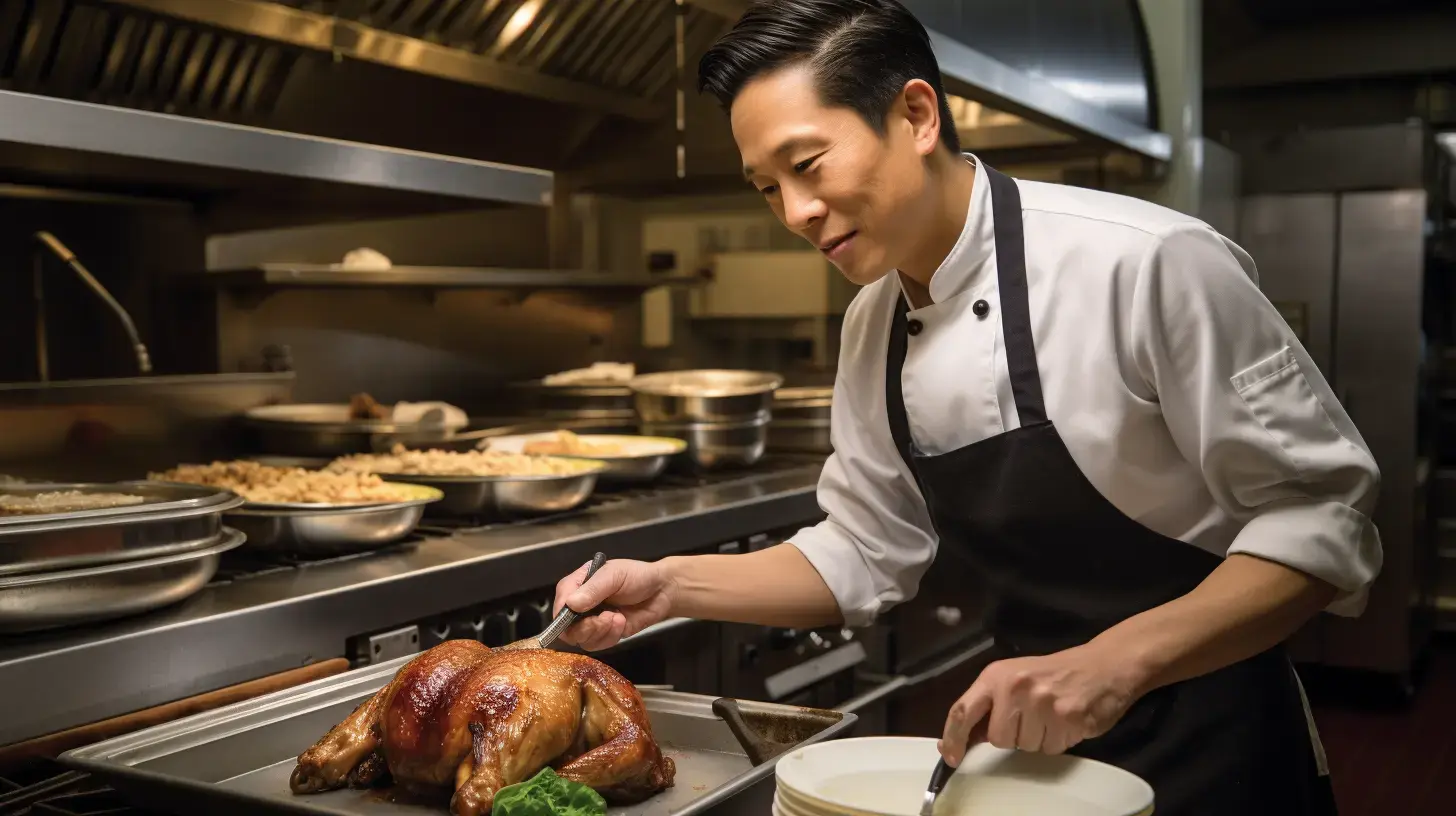 Chef preparing a Japanese-inspired roast turkey in his Tokyo restaurant