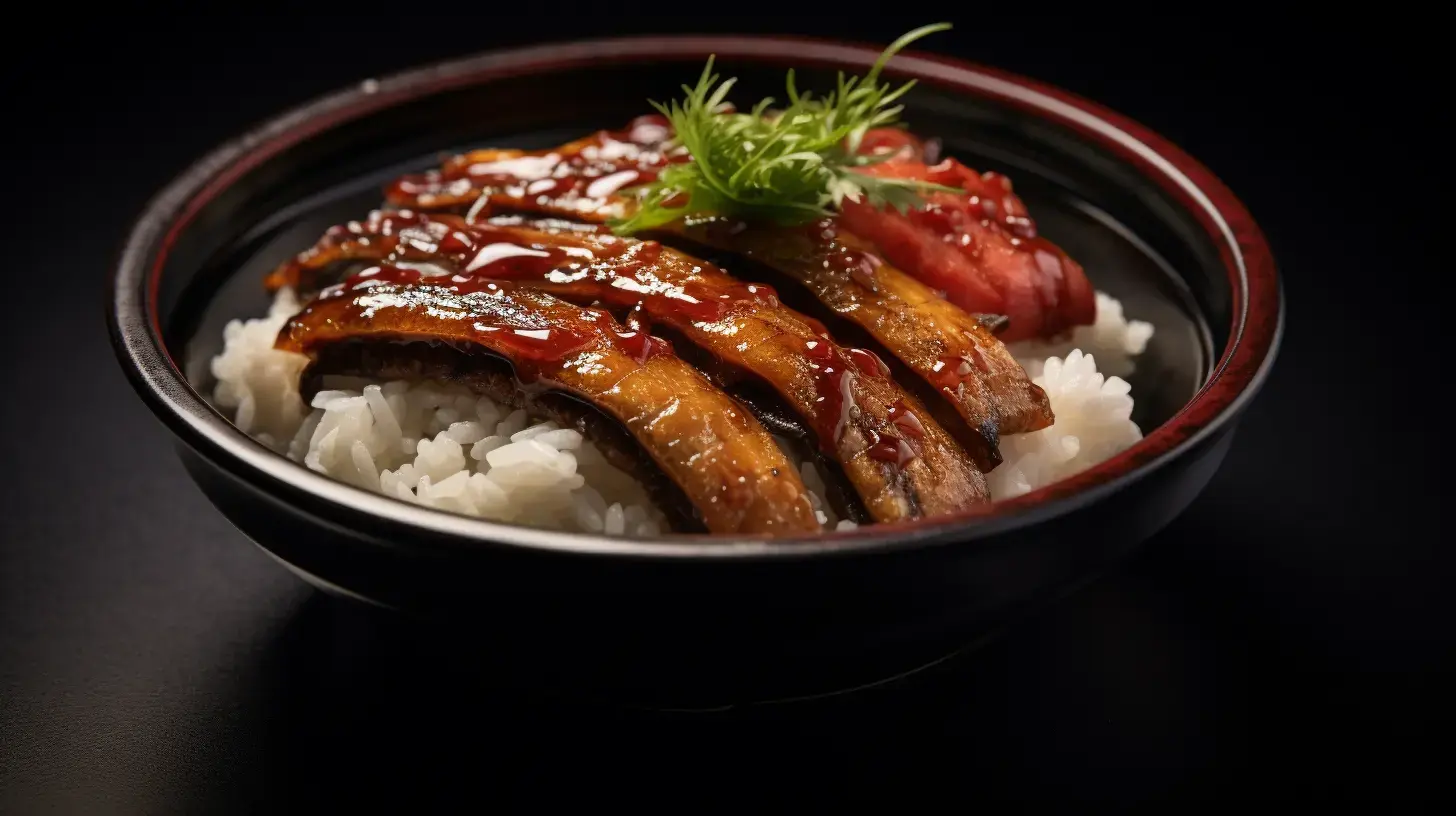 Close-up of a traditional Unadon dish in a Japanese bowl