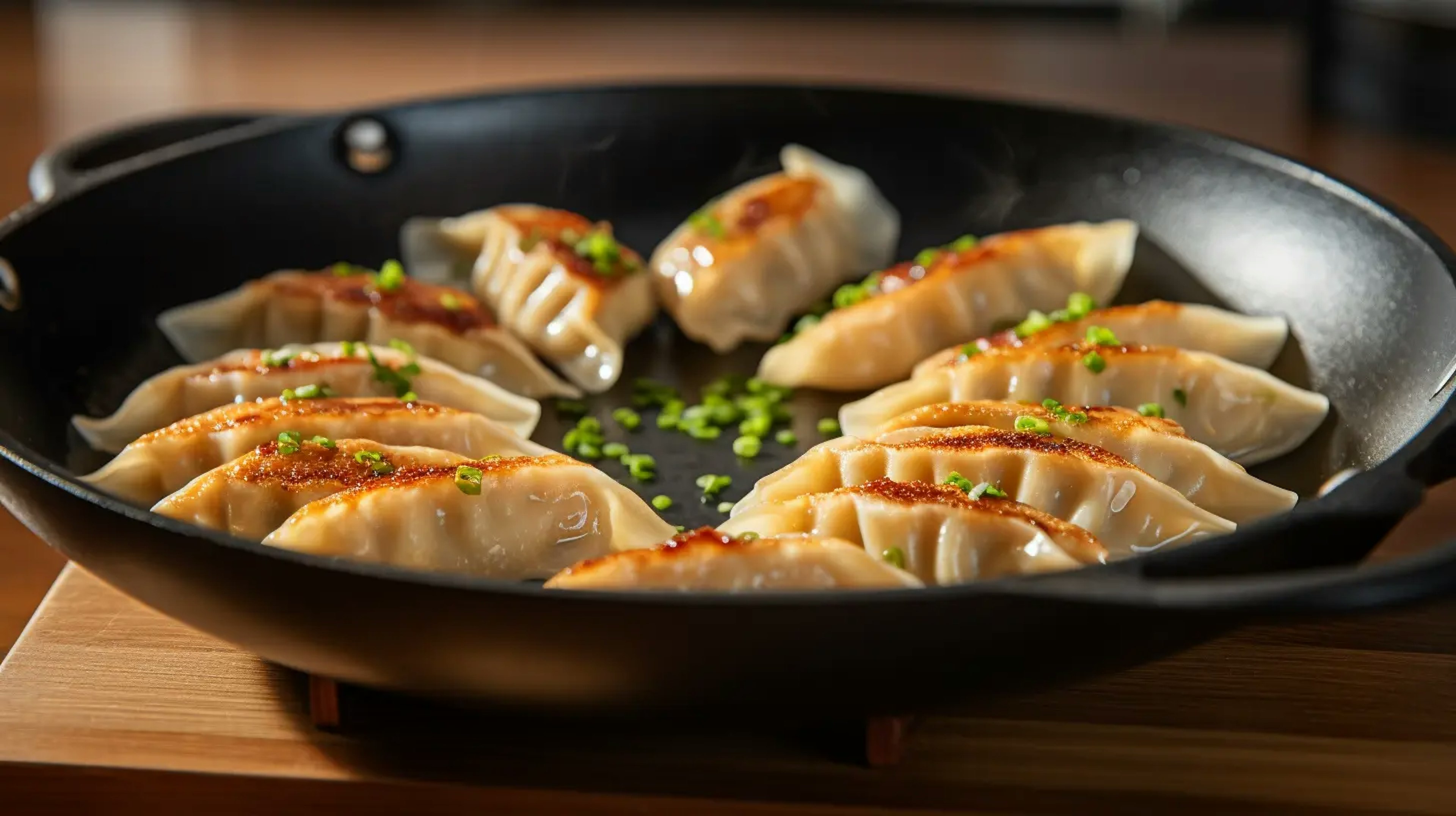 Freshly pan-fried gyoza dumplings showcasing their crispy base and soft pleated tops