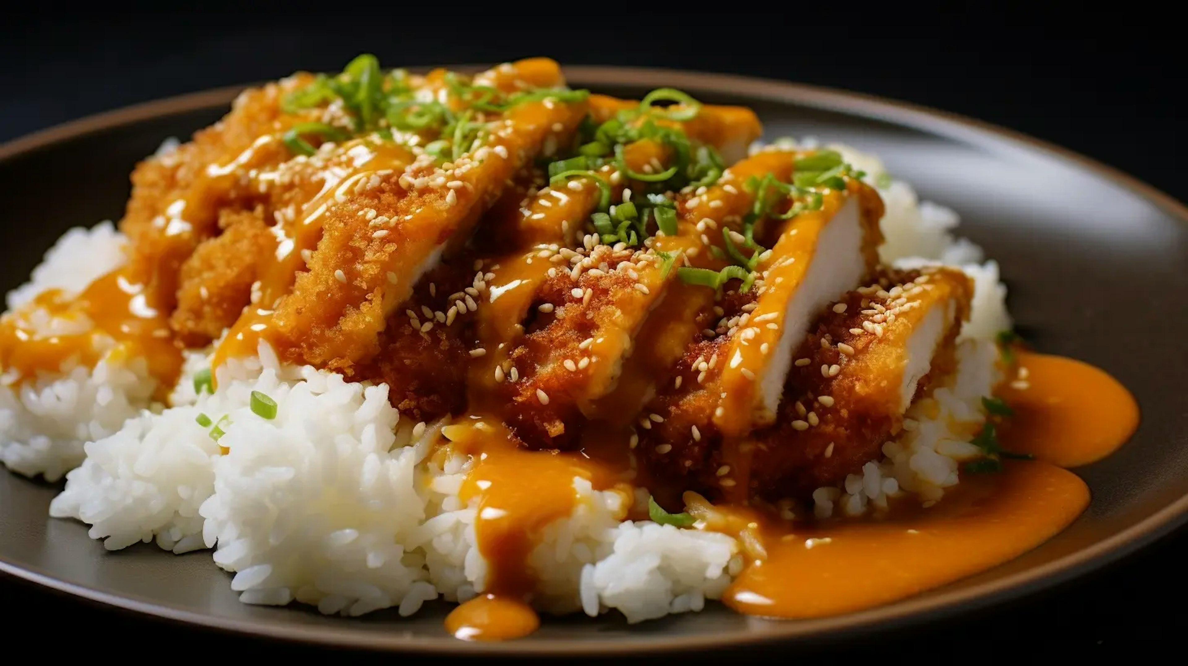 Golden-brown Katsu Curry with crispy breaded cutlet slices on steamed rice, drizzled with savory curry sauce