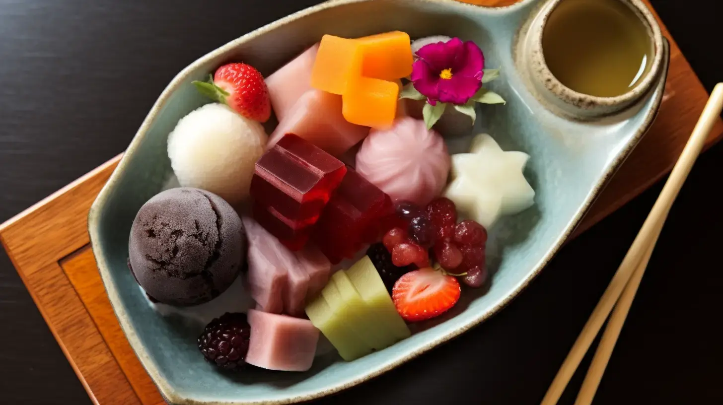 Overhead view of a beautifully presented Anmitsu on traditional Japanese tableware with decorative elements