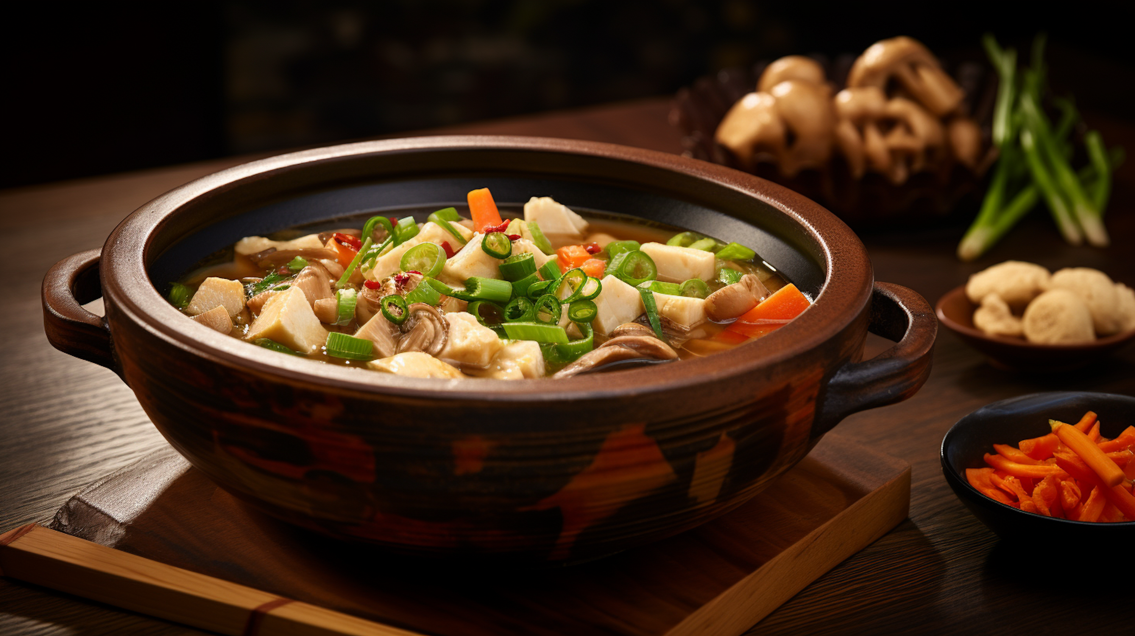 overhead view of a steaming pot of Chanko Nabe, surrounded by fresh ingredients